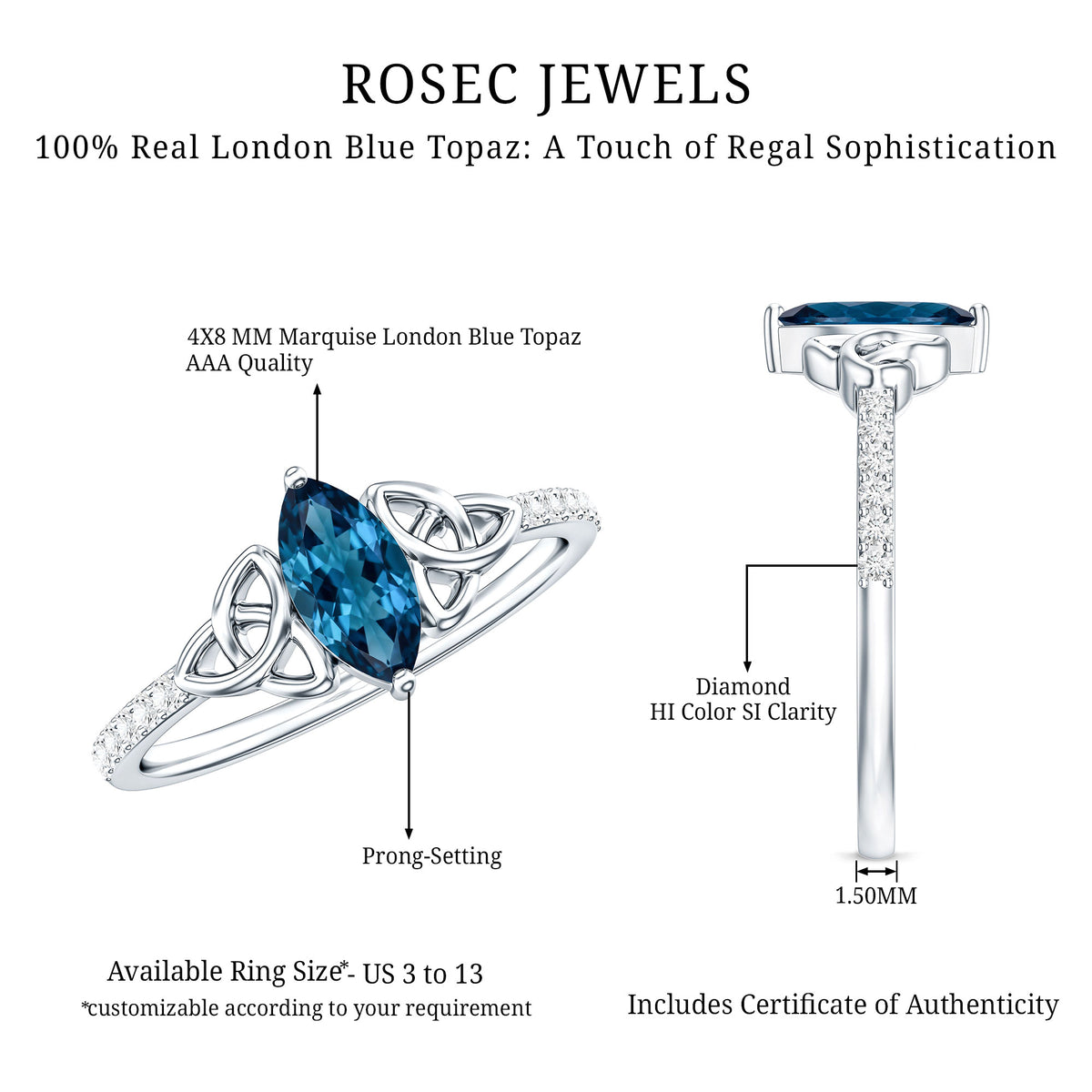0.74 Carat Marquise Cut London Blue Topaz Celtic Engagement Ring with Diamond AAA - Rosec Jewels