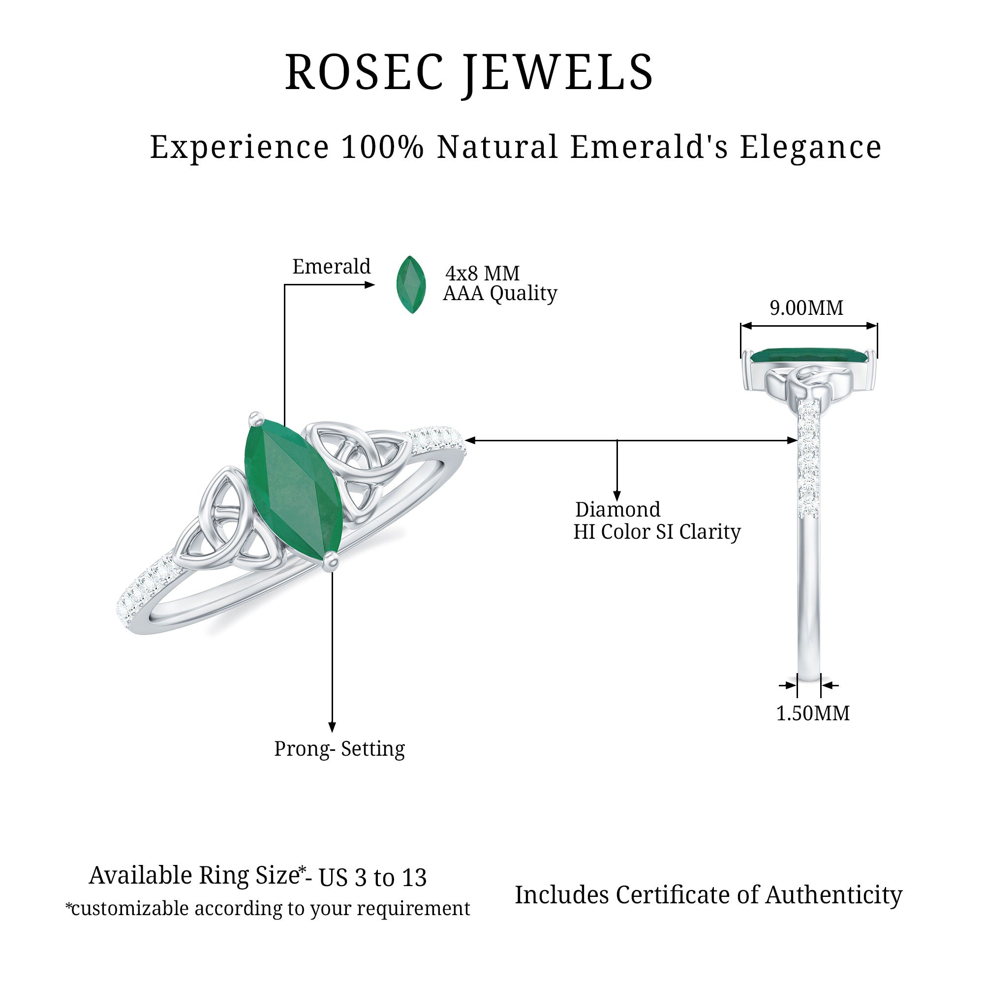 1 CT Marquise Shape Emerald Solitaire Ring with Celtic Knots and Diamond Accent Emerald - ( AAA ) - Quality - Rosec Jewels