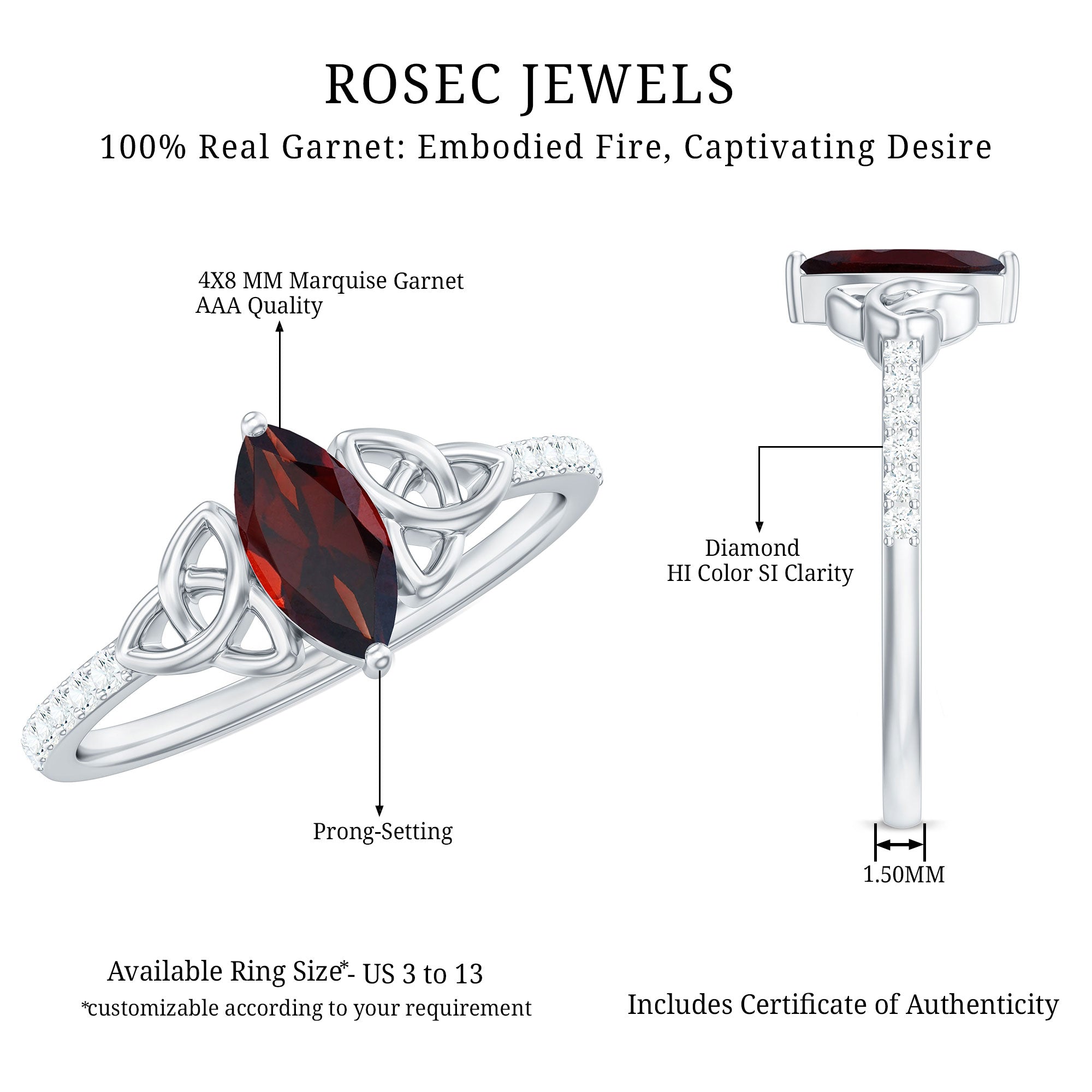 Rosec Jewels-Real Garnet Diamond Marquise Engagement Ring with Celtic Knot