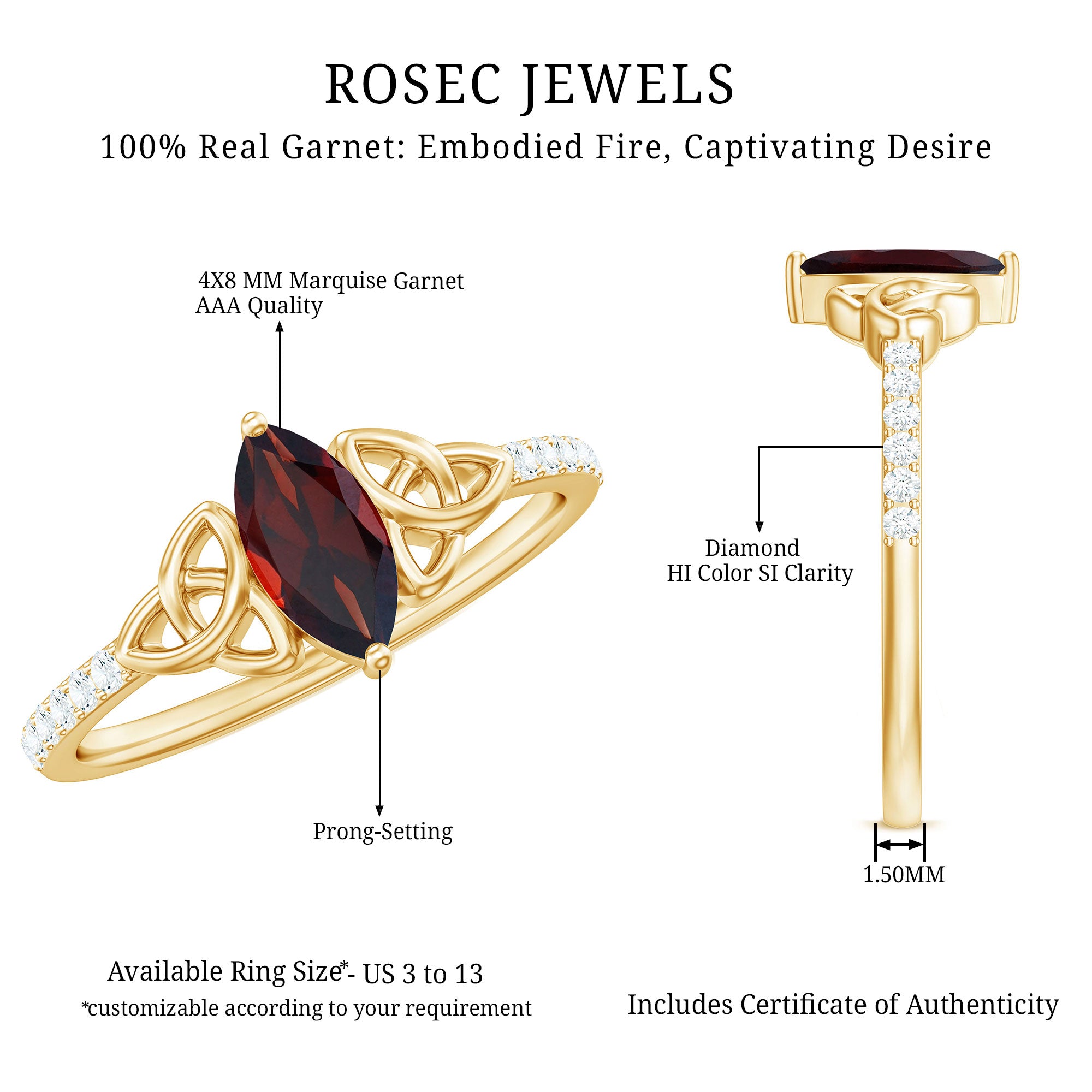Rosec Jewels-Real Garnet Diamond Marquise Engagement Ring with Celtic Knot