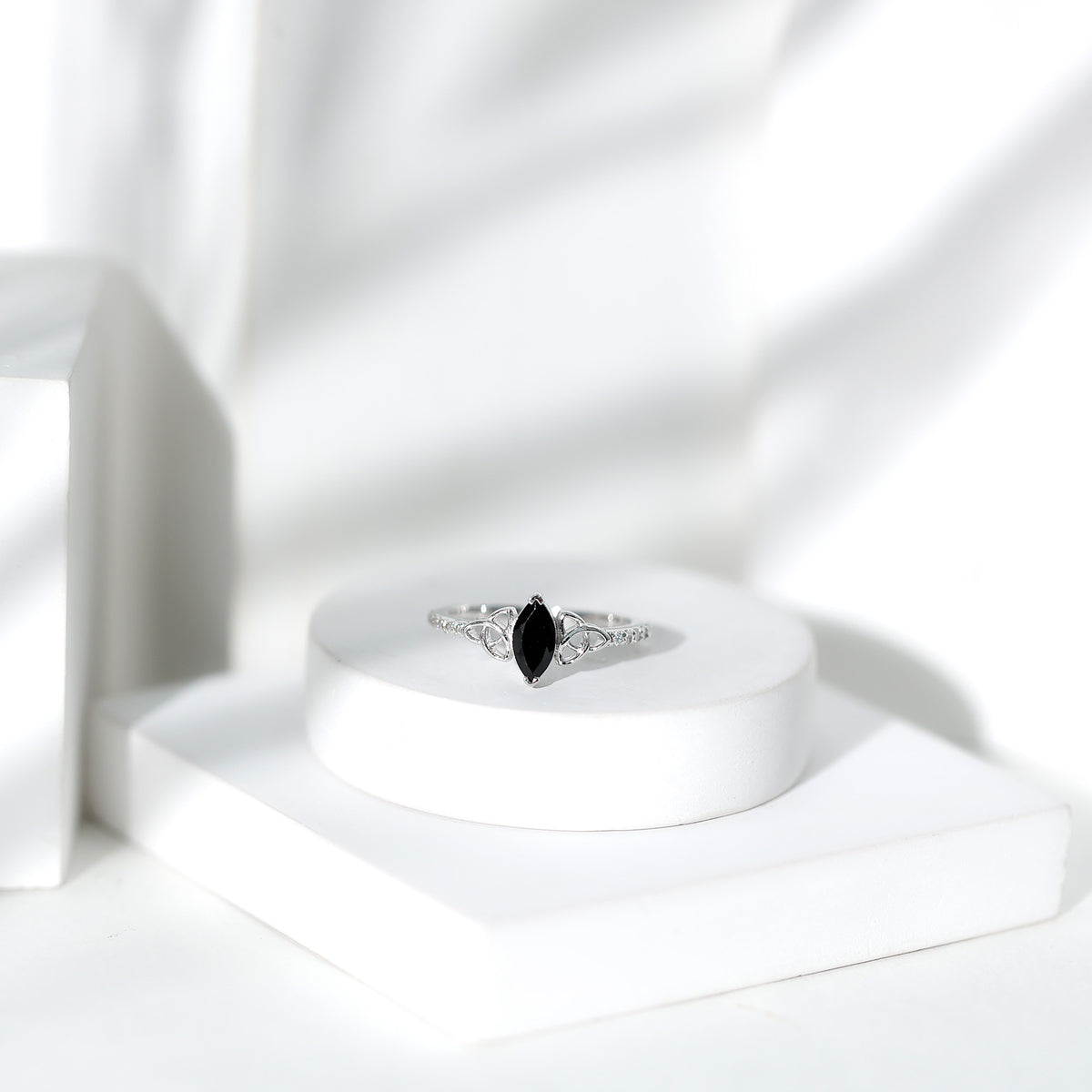 0.8 Carat Lab Grown Black and White Diamond Marquise Engagement Ring with Celtic Knot AAAA ( Synthetic ) - Rosec Jewels