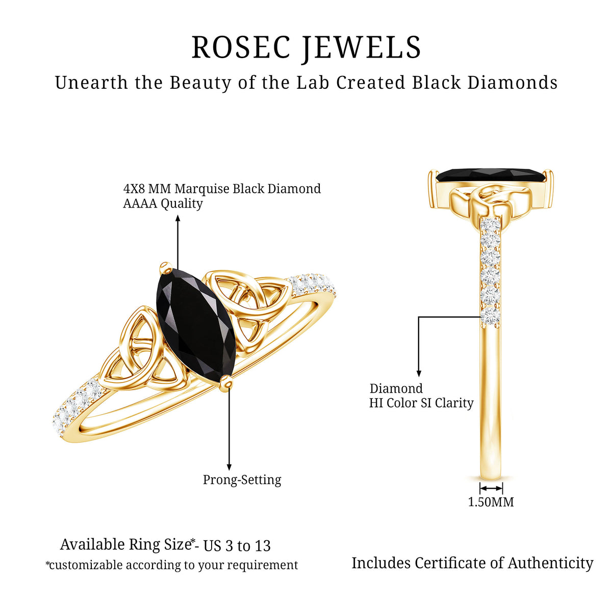 0.8 Carat Lab Grown Black and White Diamond Marquise Engagement Ring with Celtic Knot AAAA ( Synthetic ) - Rosec Jewels