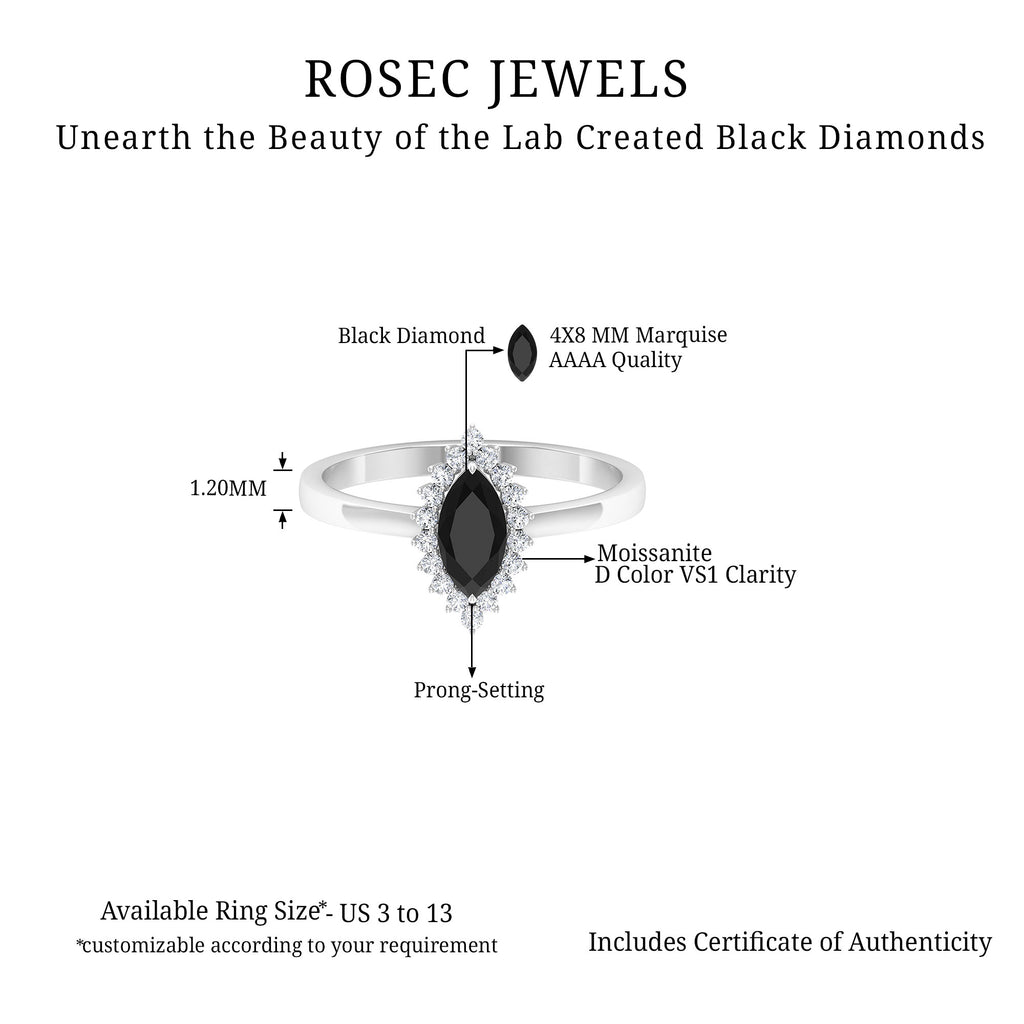 Marquise Cut Lab Grown Black Diamond Ring with Moissanite Halo Lab Created Black Diamond - ( AAAA ) - Quality - Rosec Jewels