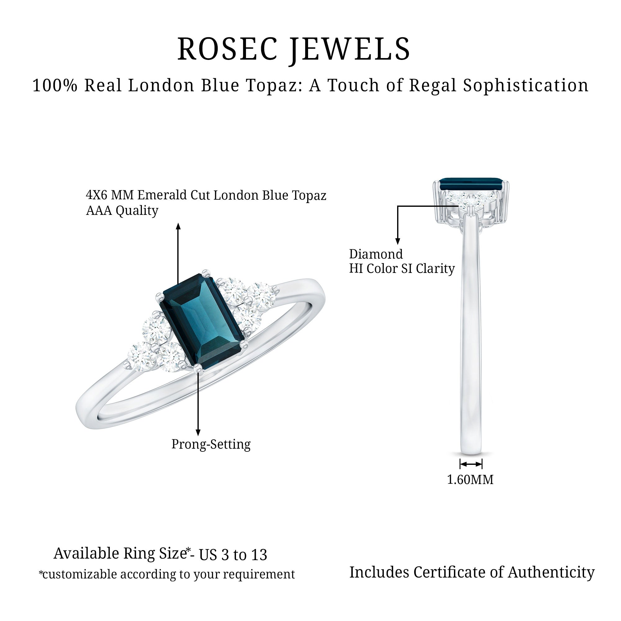 Rosec Jewels-Emerald Cut London Blue Topaz Engagement Ring with Diamond Trio