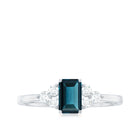 Rosec Jewels-Emerald Cut London Blue Topaz Engagement Ring with Diamond Trio