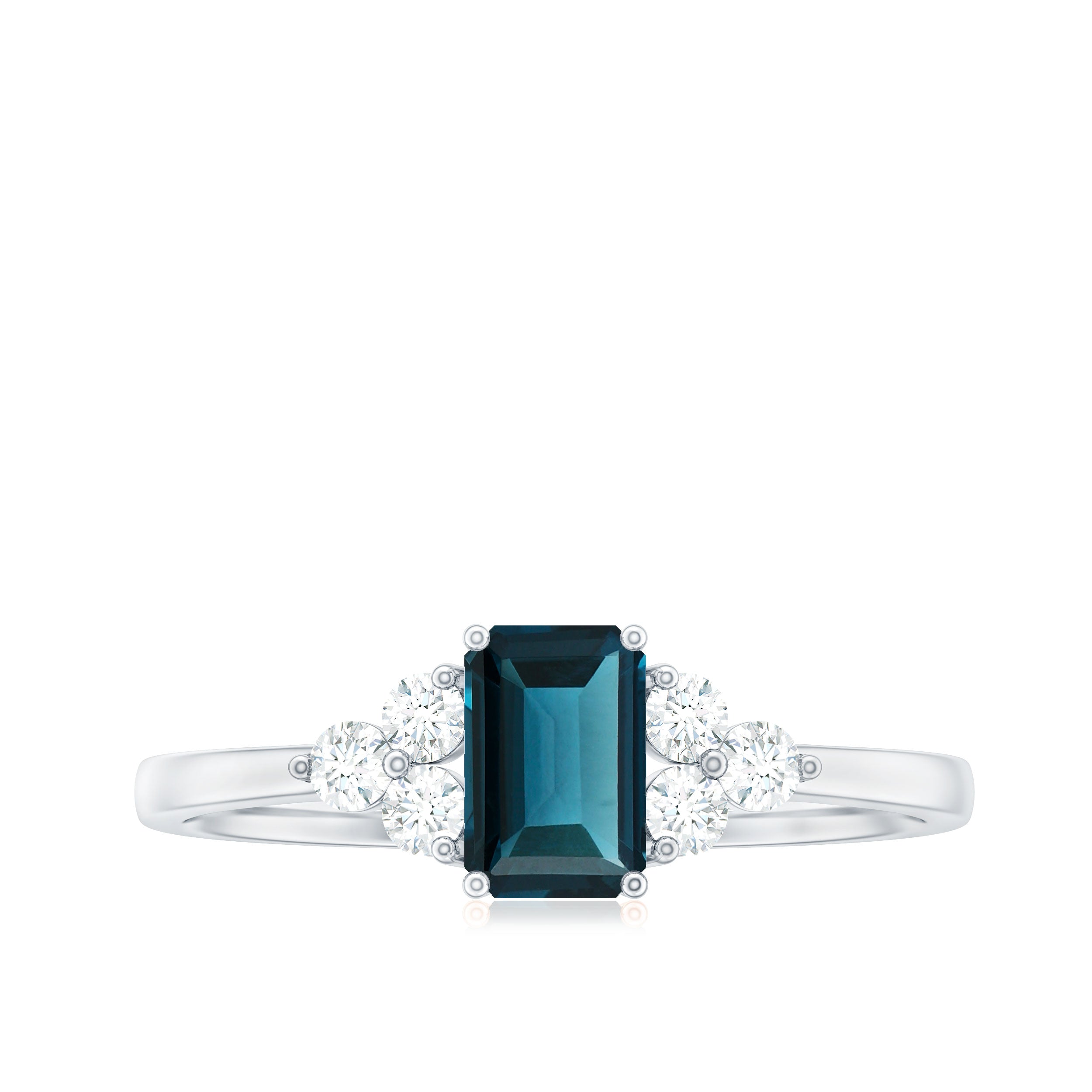 Rosec Jewels-Emerald Cut London Blue Topaz Engagement Ring with Diamond Trio