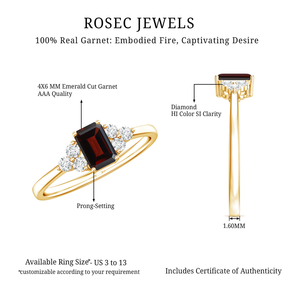 Certified Natural Garnet Emerald Cut Engagement Ring With Diamond Trio AAA - Rosec Jewels