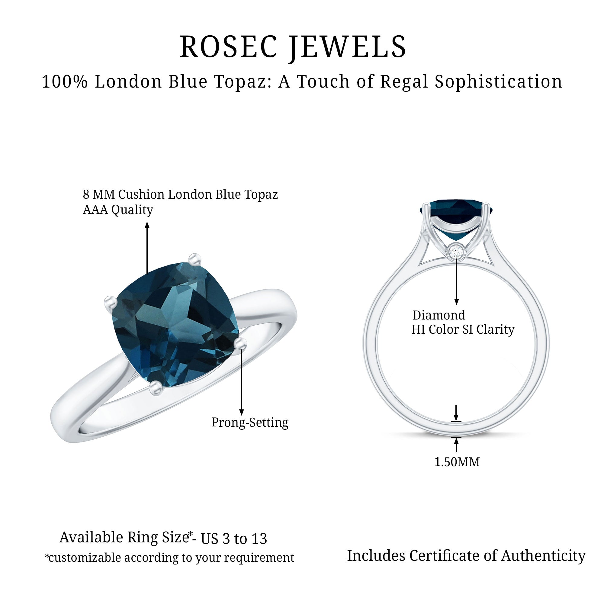 Rosec Jewels-Solitaire Cushion Cut London Blue Topaz Cathedral Engagement Ring