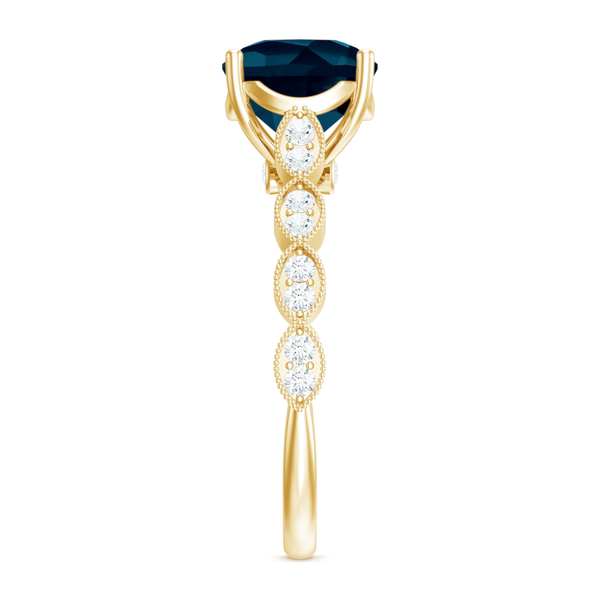 Cushion Cut London Blue Topaz Vintage Engagement Ring with Diamonds AAA - Rosec Jewels
