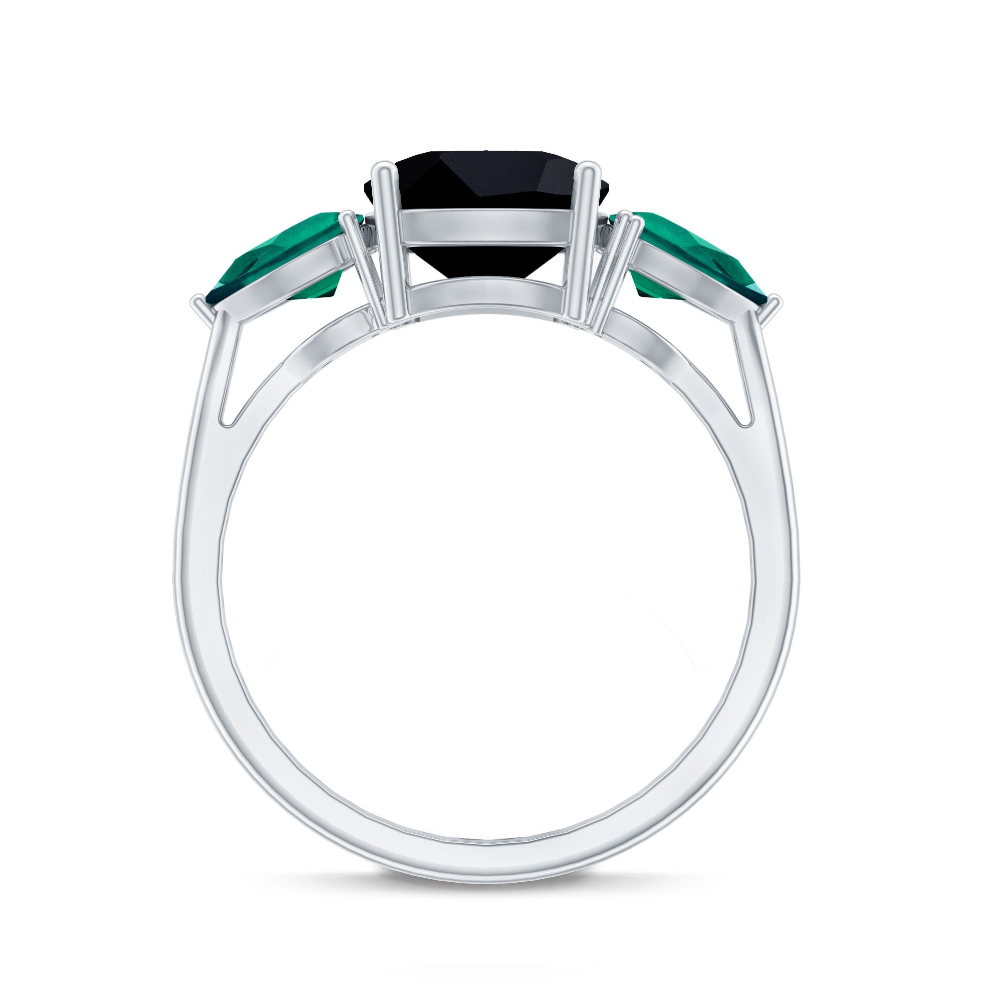 Certified Lab Grown Black Diamond 3 Stone Engagement Ring with Emerald AAAA ( Synthetic ) - Rosec Jewels