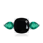 Certified Lab Grown Black Diamond 3 Stone Engagement Ring with Emerald AAAA ( Synthetic ) - Rosec Jewels
