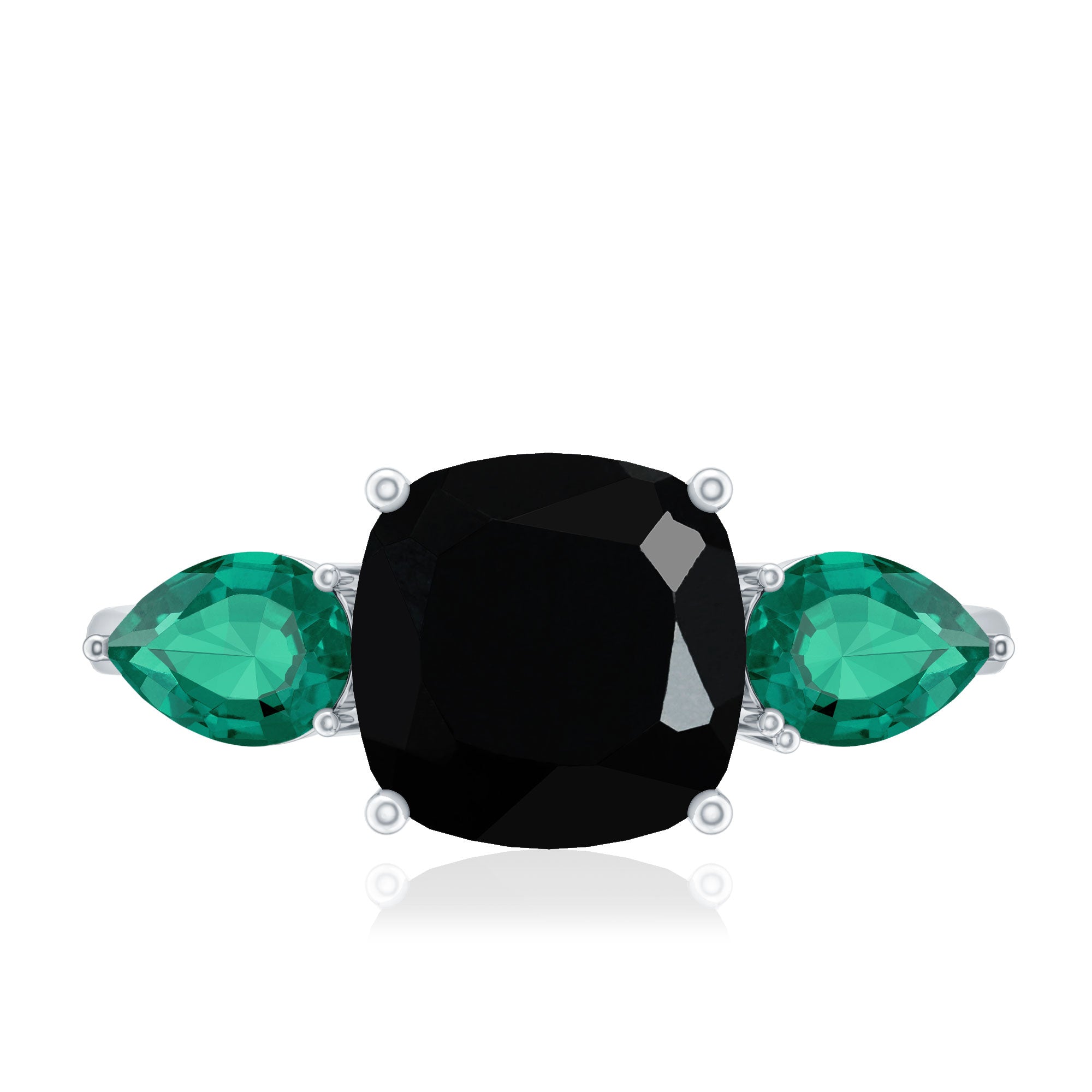Certified Lab Grown Black Diamond 3 Stone Engagement Ring with Emerald AAAA ( Synthetic ) - Rosec Jewels