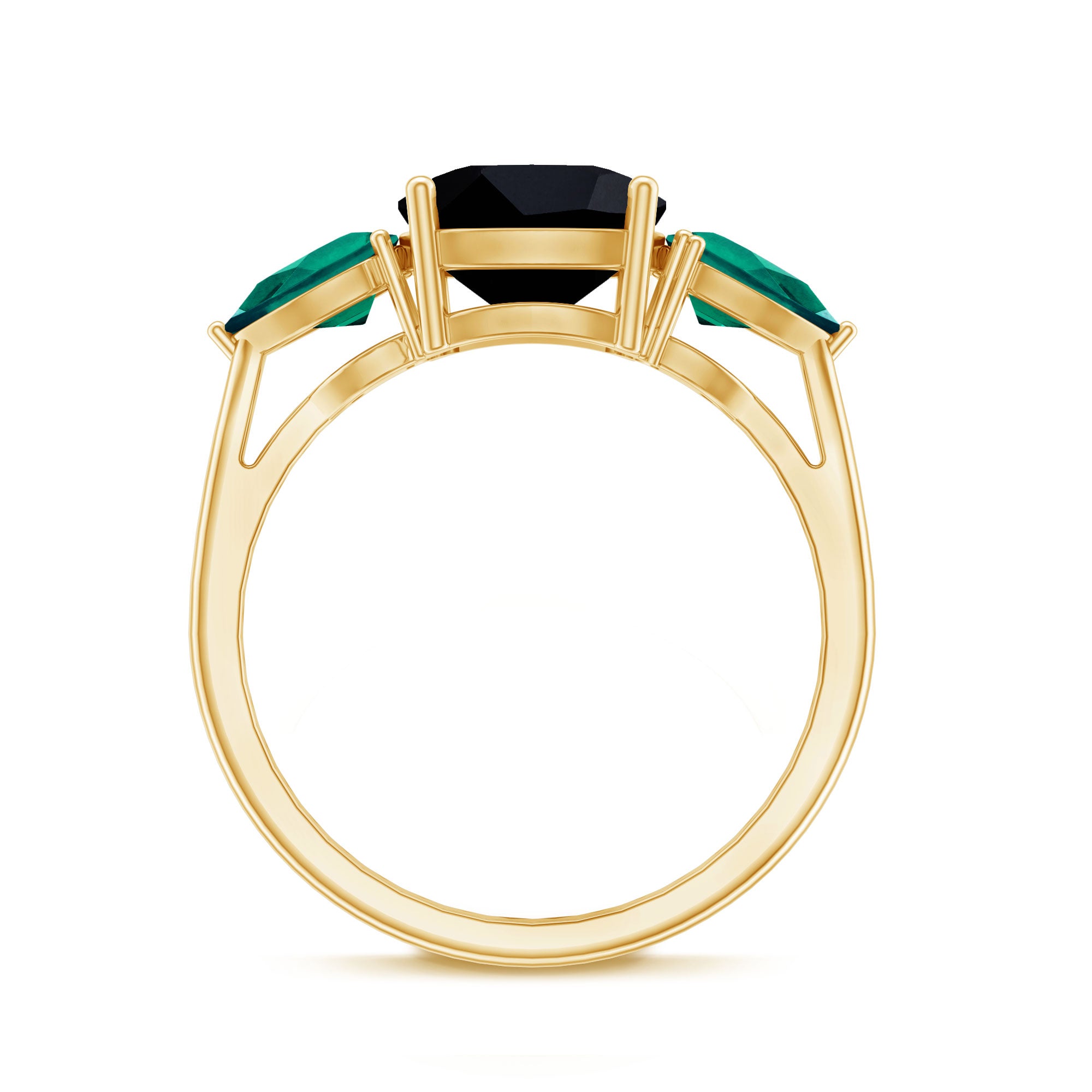 Certified Lab Grown Black Diamond 3 Stone Engagement Ring with Emerald AAAA ( Synthetic ) - Rosec Jewels