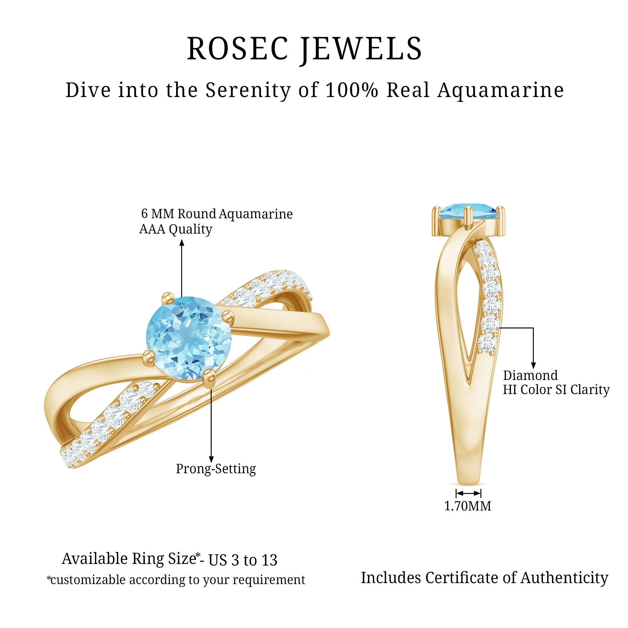 Rosec Jewels-Genuine Aquamarine Engagement Ring with Diamond Infinity Shank