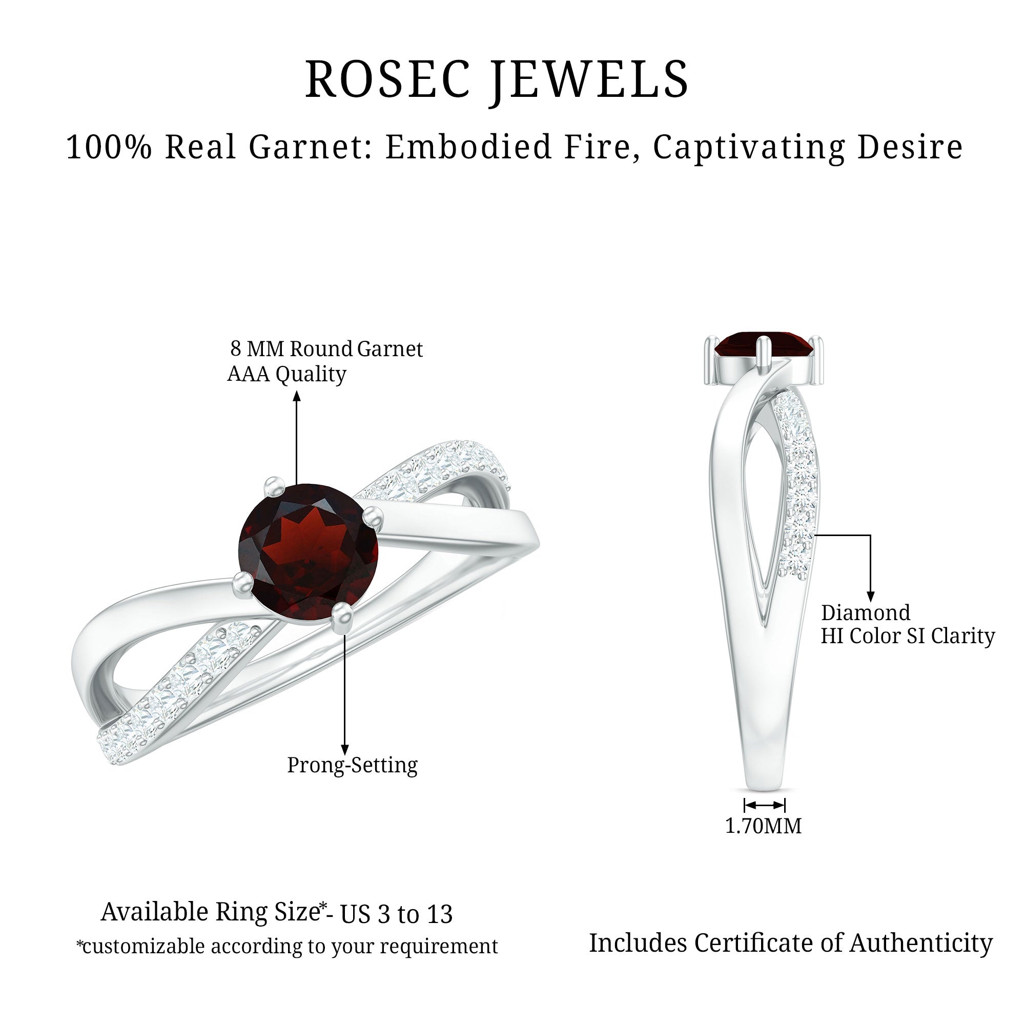 Rosec Jewels-Natural Garnet Engagement Ring with Diamond Infinity Shank