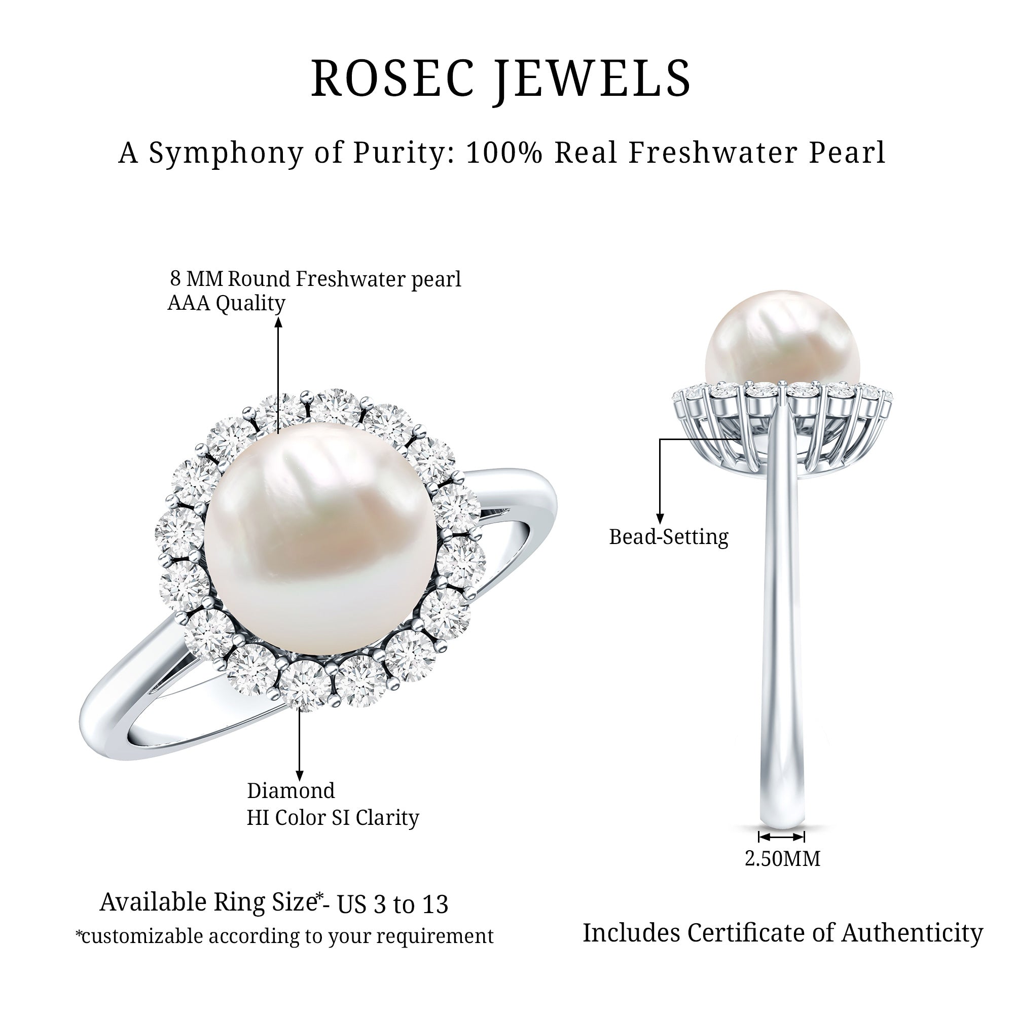 Real 7.4 Carat Freshwater Pearl Engagement Ring with Diamond Halo AAA - Rosec Jewels