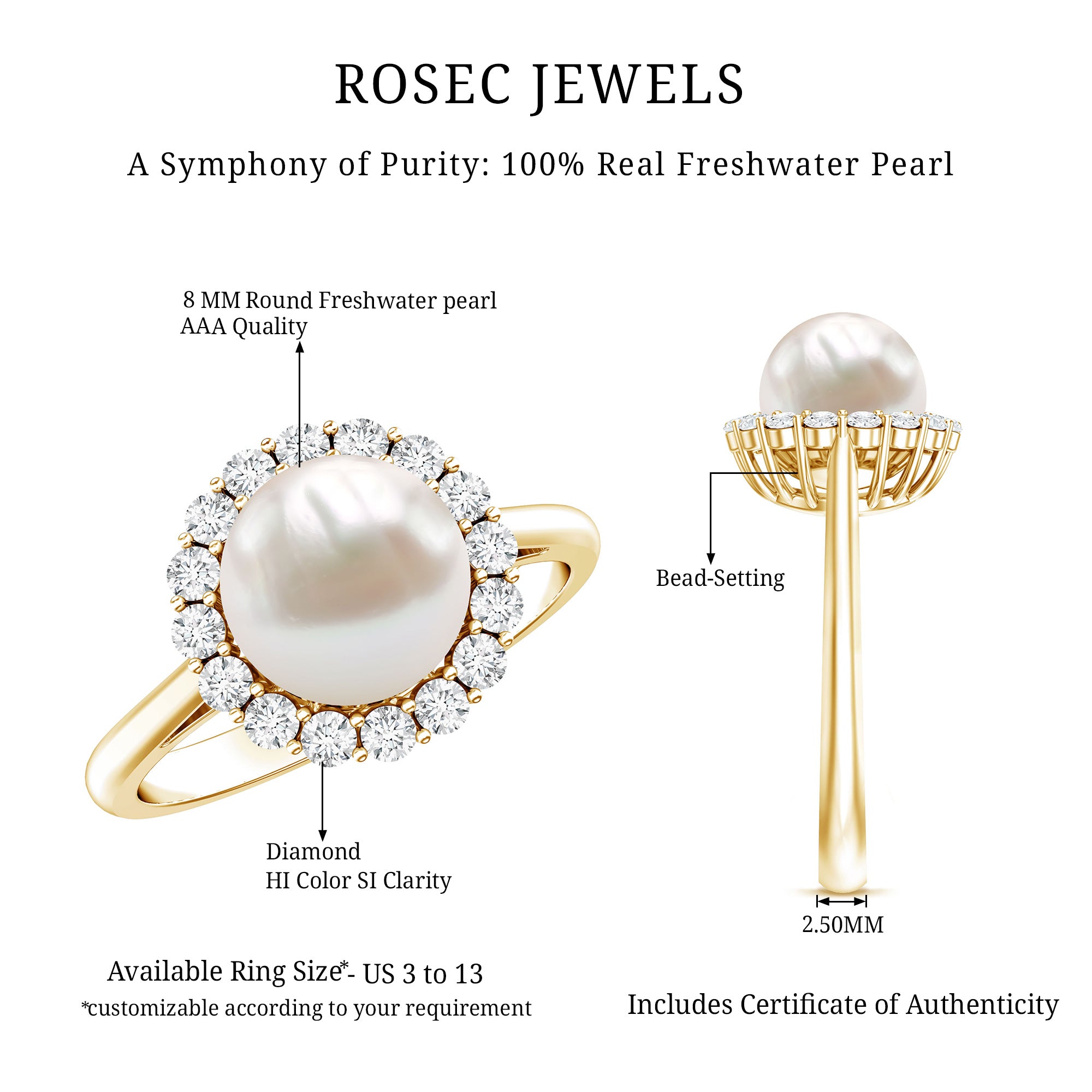 Real 7.4 Carat Freshwater Pearl Engagement Ring with Diamond Halo AAA - Rosec Jewels