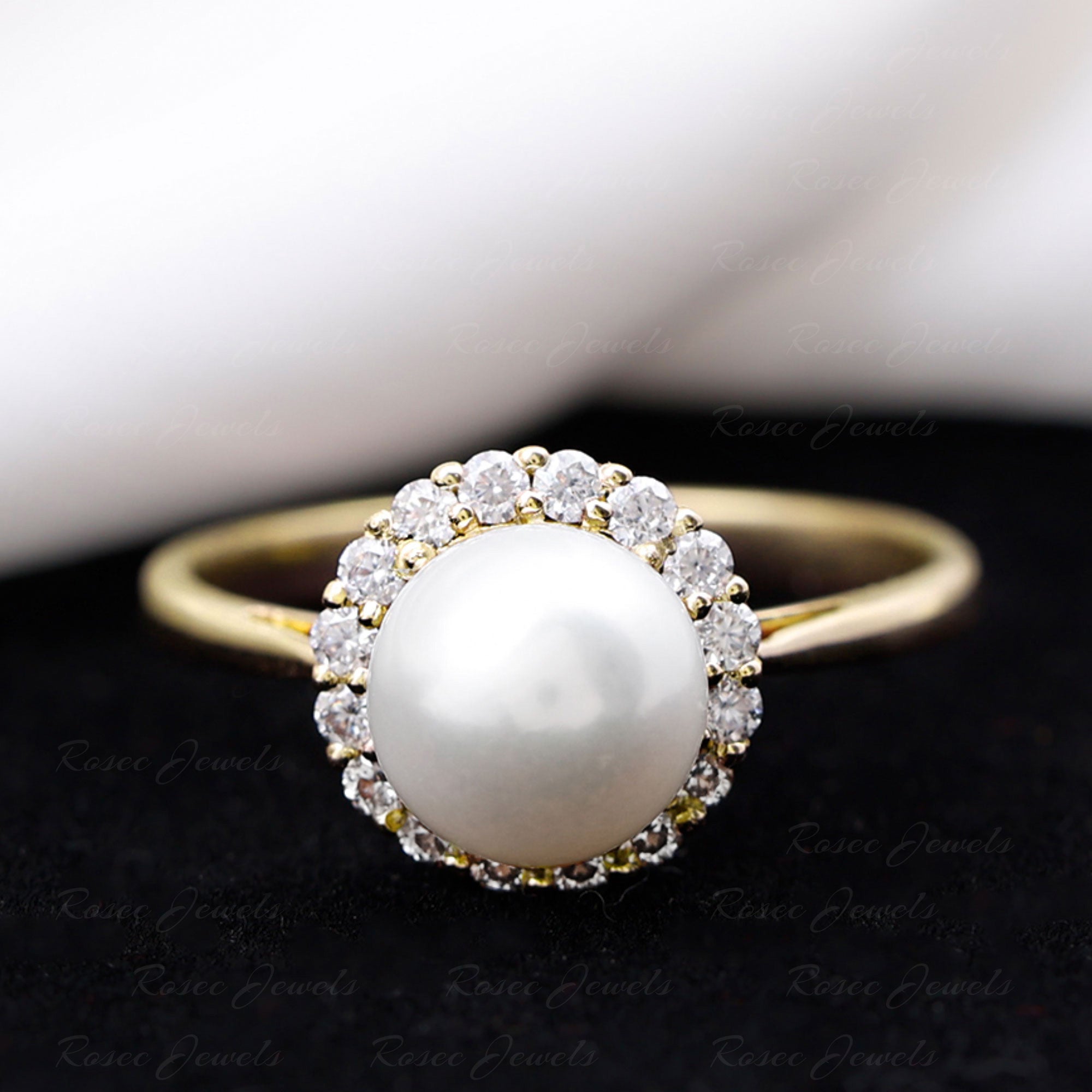 Real 7.4 Carat Freshwater Pearl Engagement Ring with Diamond Halo AAA - Rosec Jewels