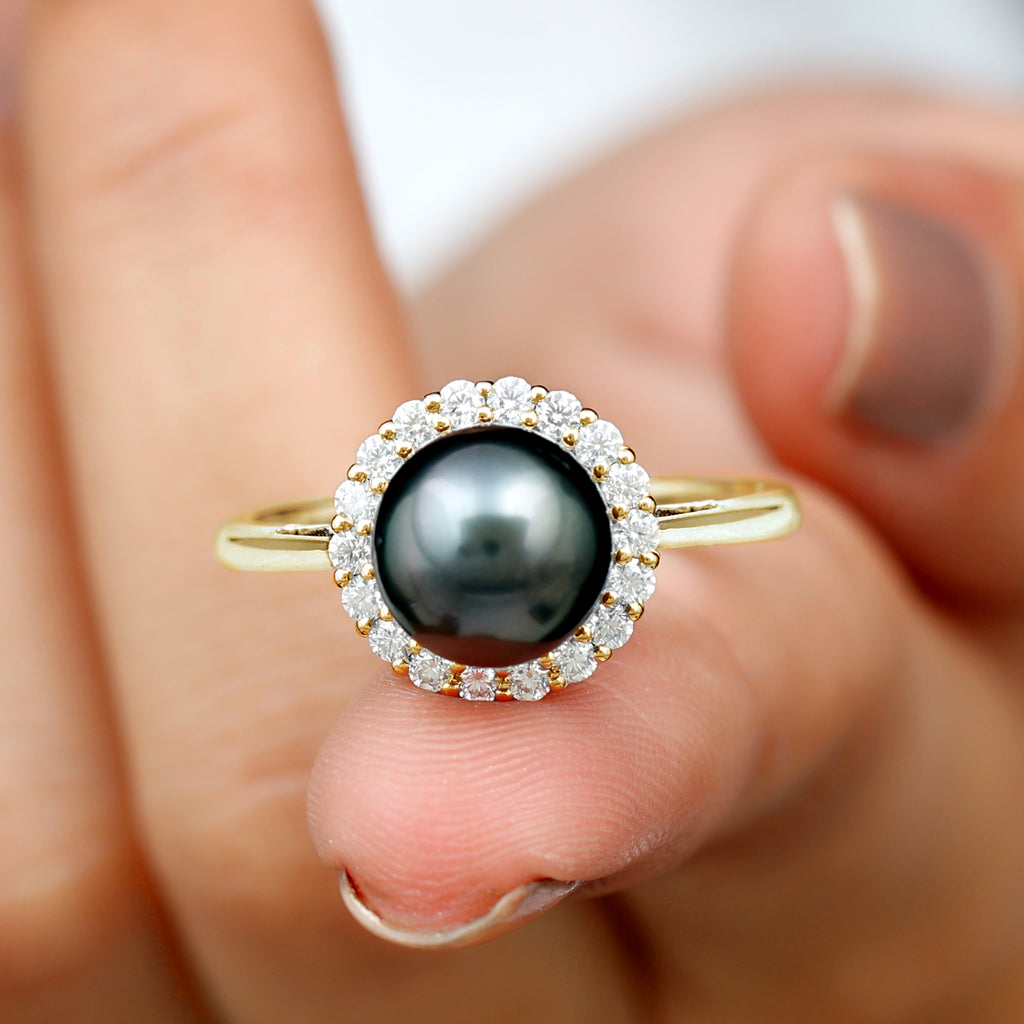 Natural Tahitian Pearl Solitaire with Diamond Halo Ring Tahitian pearl - ( AAA ) - Quality - Rosec Jewels