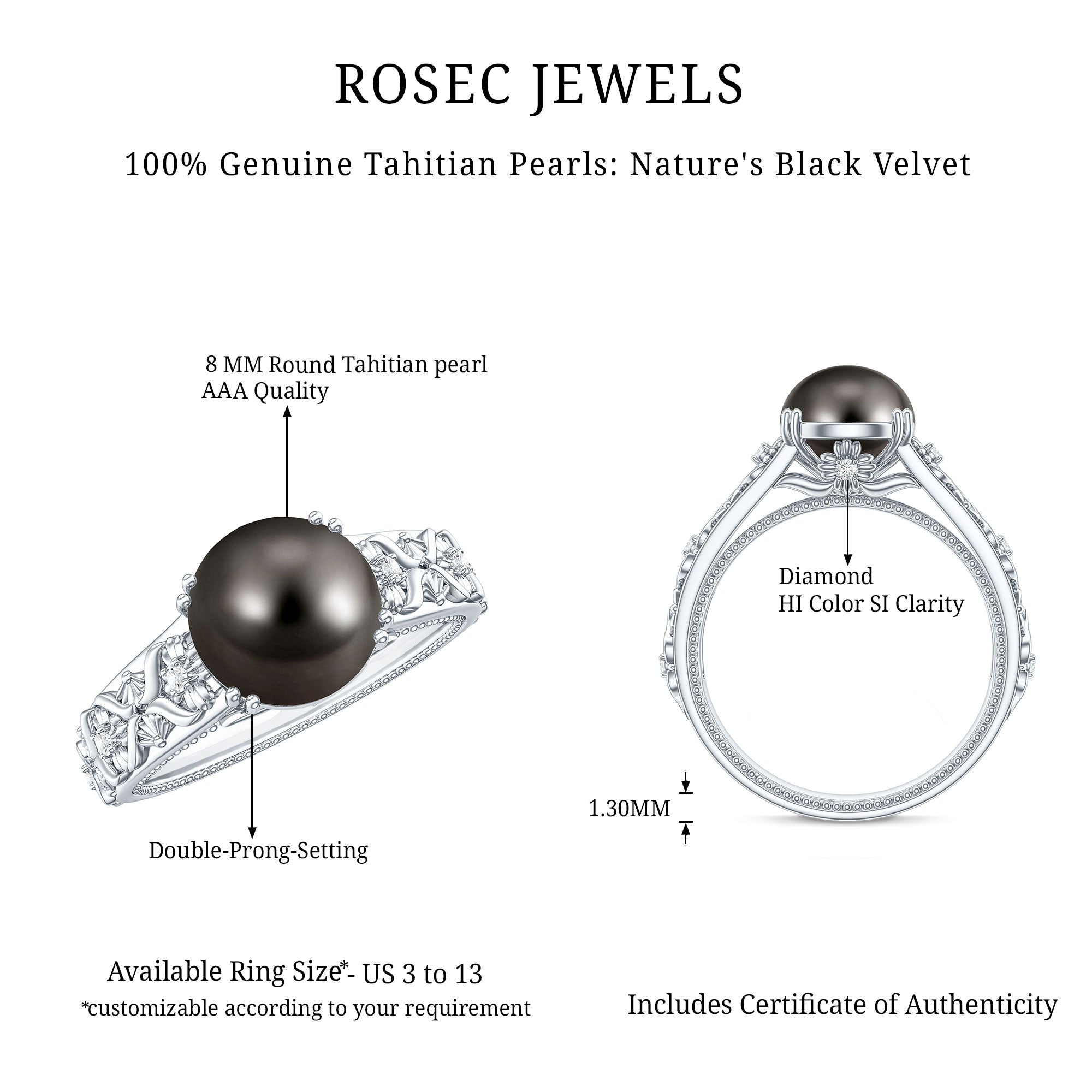 Rosec Jewels-Vintage Tahitian Pearl Solitaire Engagement Ring with Diamond