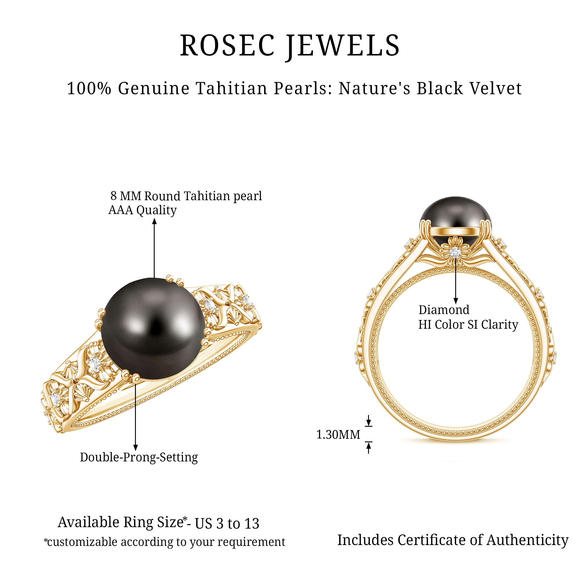 Rosec Jewels-Vintage Tahitian Pearl Solitaire Engagement Ring with Diamond
