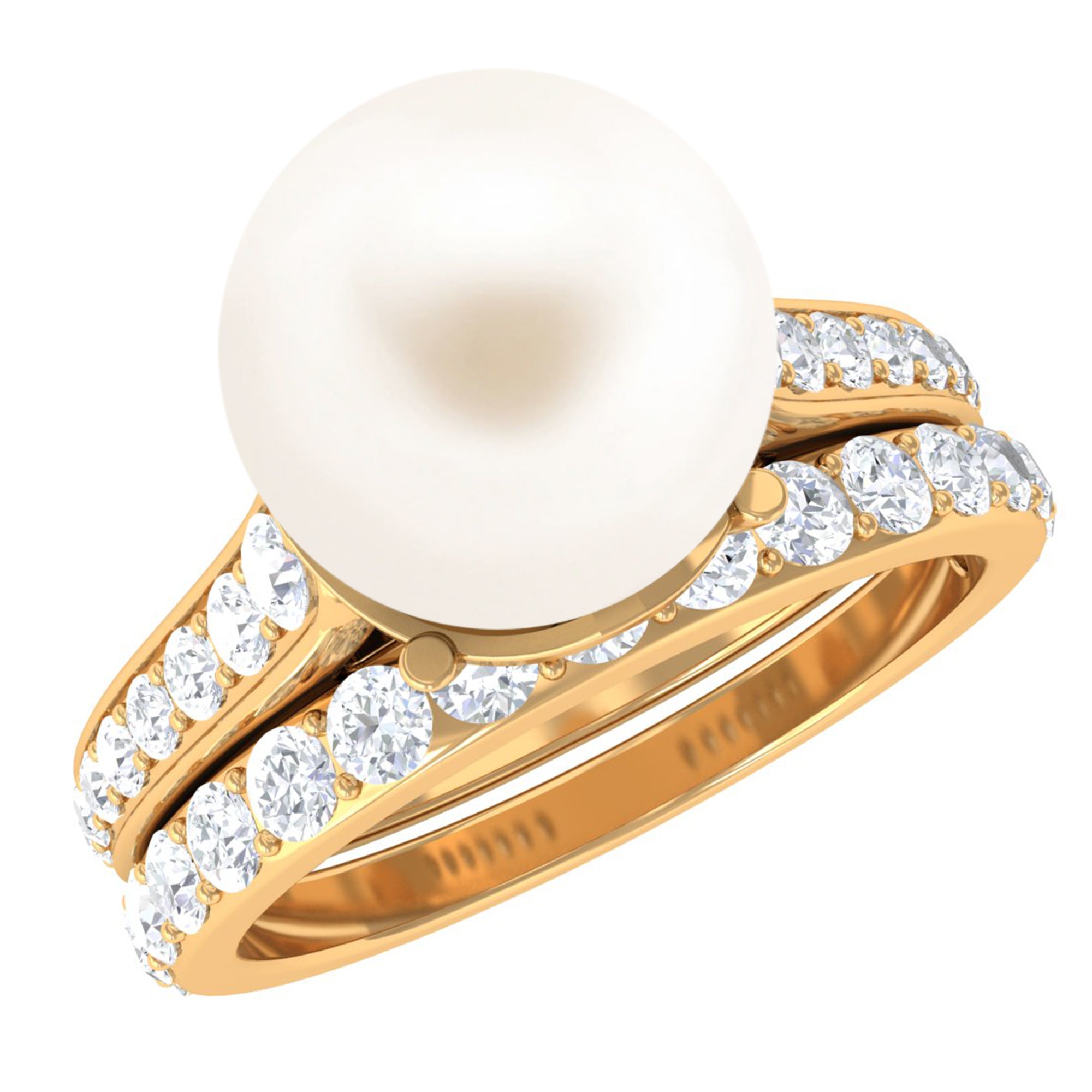 9.25 CT Freshwater Pearl and Moissanite Wedding Ring Set Freshwater Pearl - ( AAA ) - Quality - Rosec Jewels