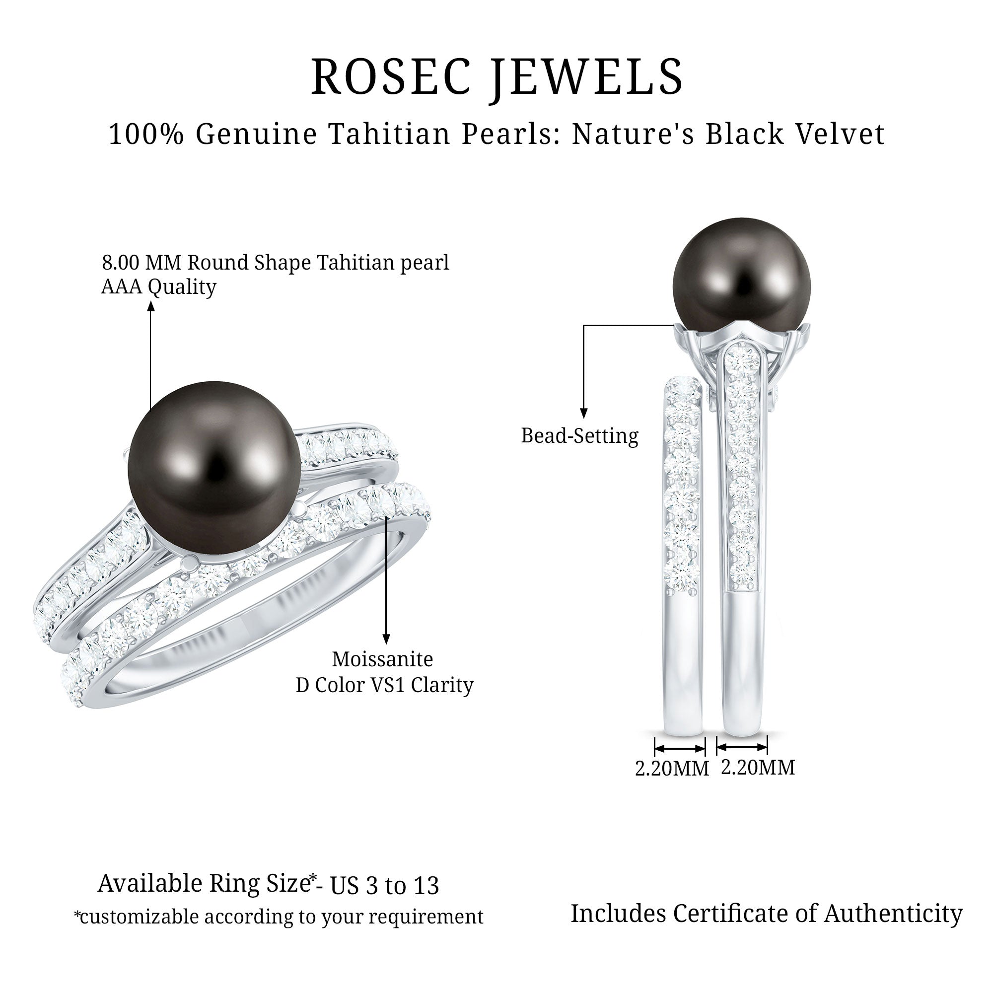 Rosec Jewels-Elegant Wedding Ring Set with 9.75 CT Tahitian Pearl and Moissanite