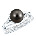 Designer Tahitian Black Pearl Wedding Ring Set with Moissanite AAA - Rosec Jewels