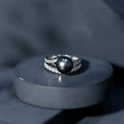 Designer Tahitian Black Pearl Wedding Ring Set with Moissanite AAA - Rosec Jewels