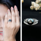 Designer Tahitian Black Pearl Wedding Ring Set with Moissanite AAA - Rosec Jewels