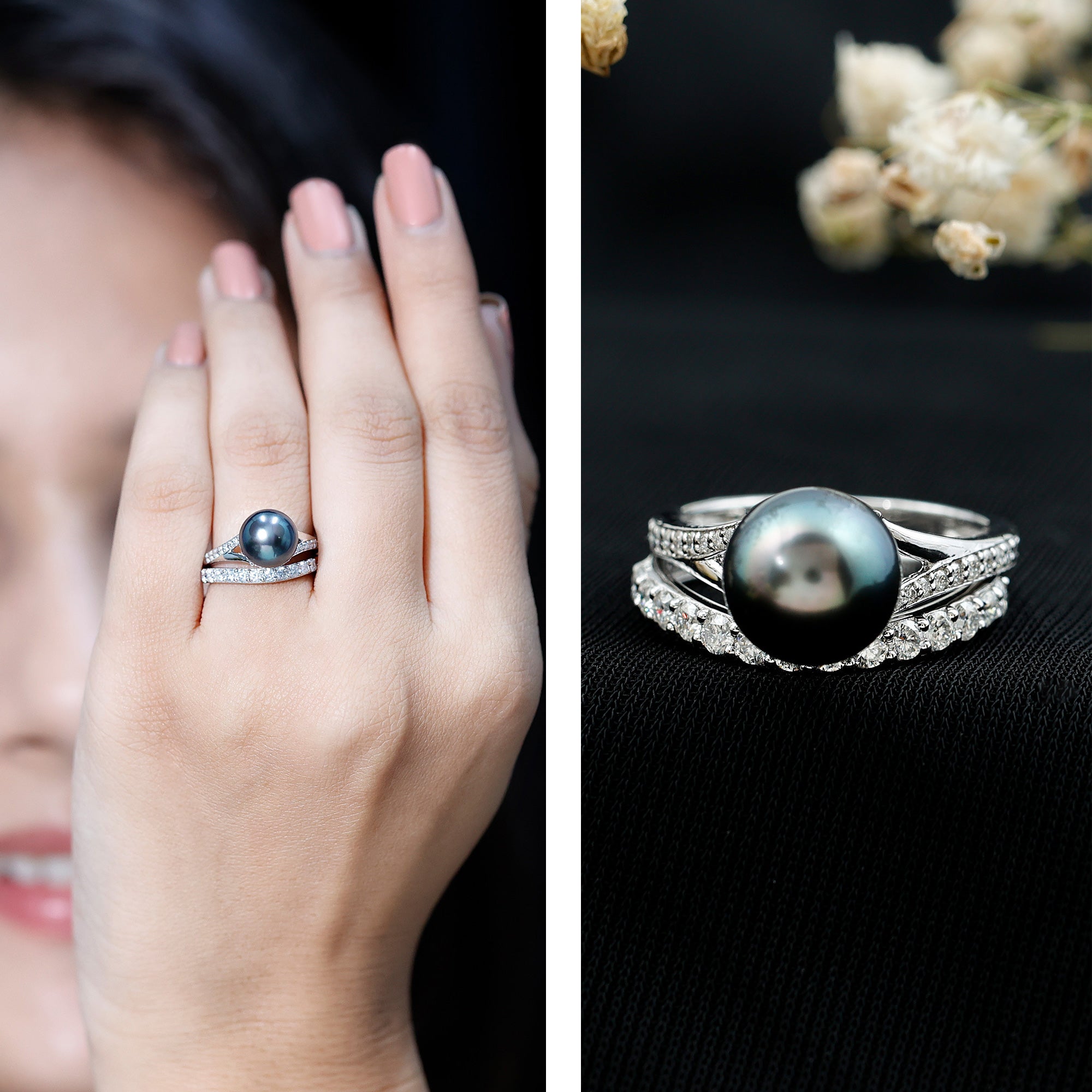 Rosec Jewels-Designer Tahitian Black Pearl Wedding Ring Set with Moissanite