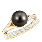 Designer Tahitian Black Pearl Wedding Ring Set with Moissanite AAA - Rosec Jewels