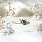 Designer Tahitian Black Pearl Wedding Ring Set with Moissanite AAA - Rosec Jewels