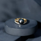 Designer Tahitian Black Pearl Wedding Ring Set with Moissanite AAA - Rosec Jewels