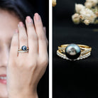 Designer Tahitian Black Pearl Wedding Ring Set with Moissanite AAA - Rosec Jewels