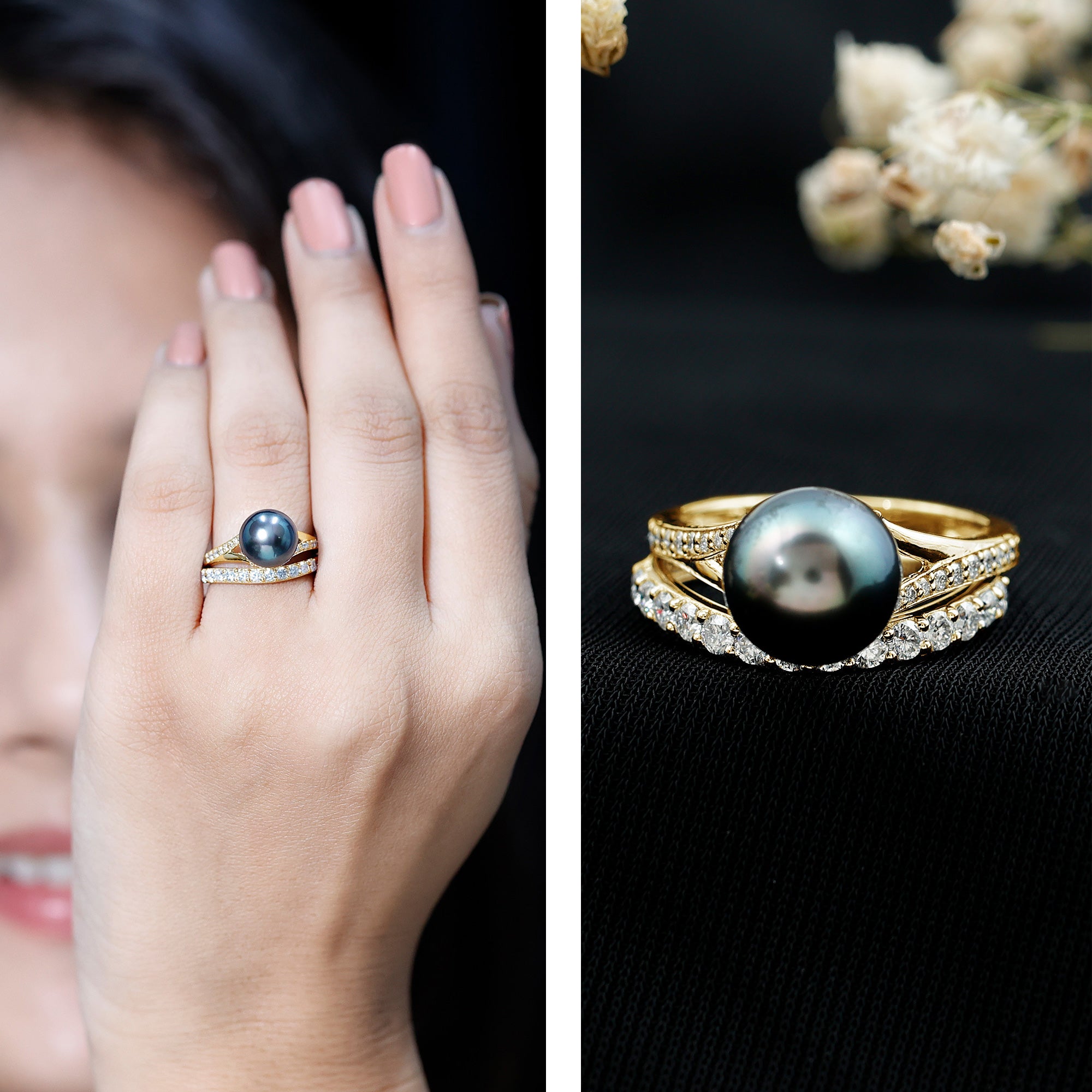 Rosec Jewels-Designer Tahitian Black Pearl Wedding Ring Set with Moissanite