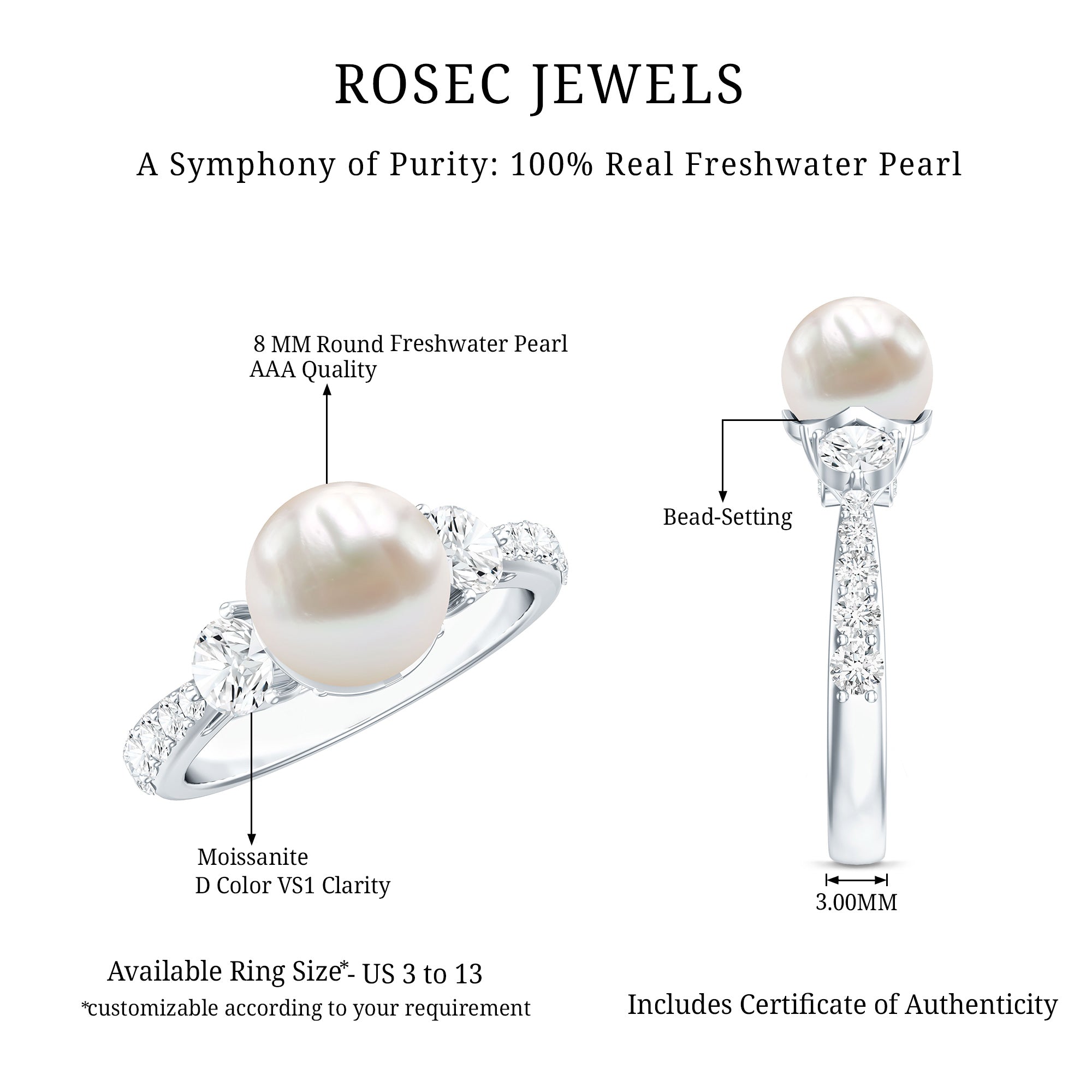 Rosec Jewels-Cultured 7.4 Carat Freshwater Pearl Engagement Ring with Moissanite