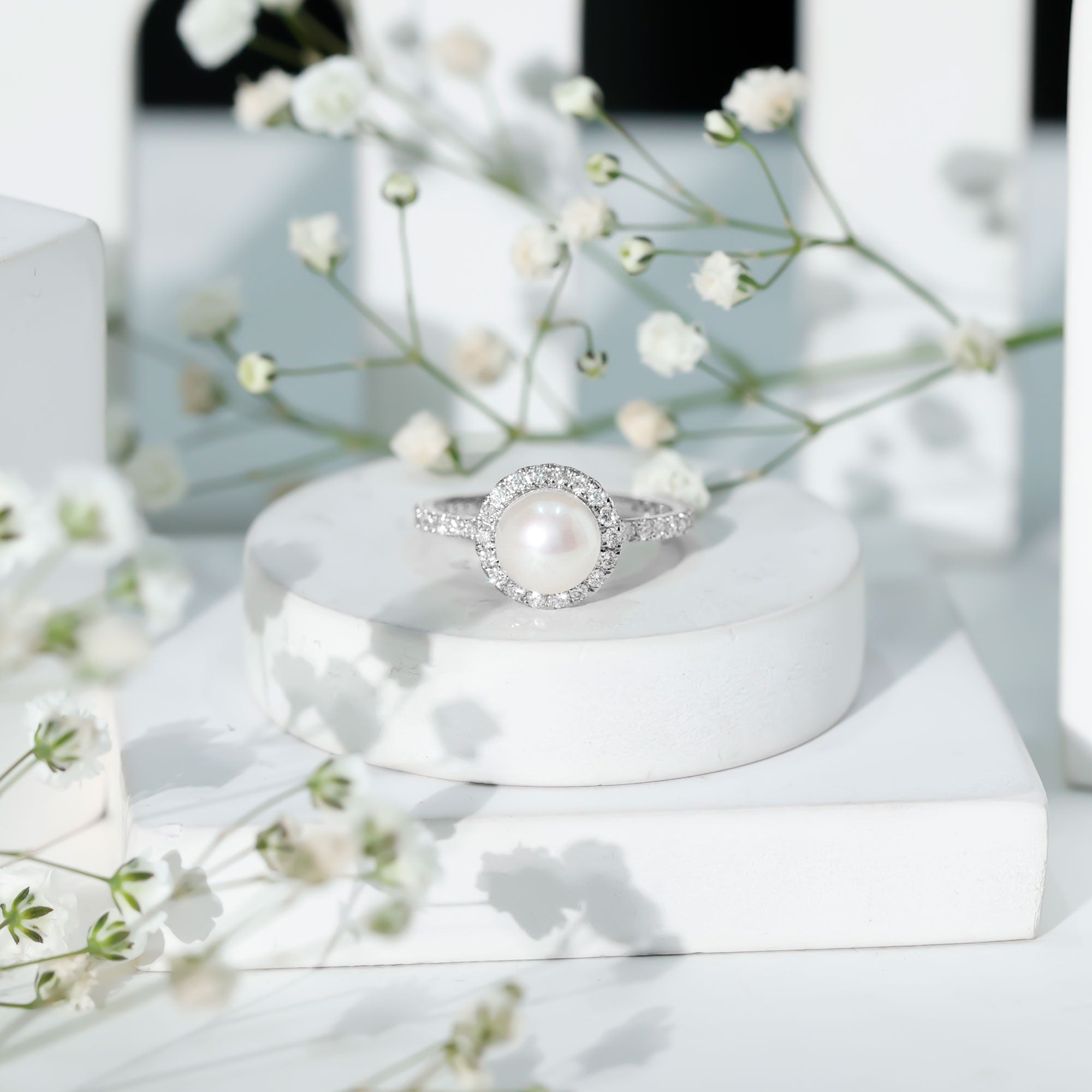 Rosec Jewels-Cultured 7.4 Carat Freshwater Pearl Diamond Engagement Ring with Halo