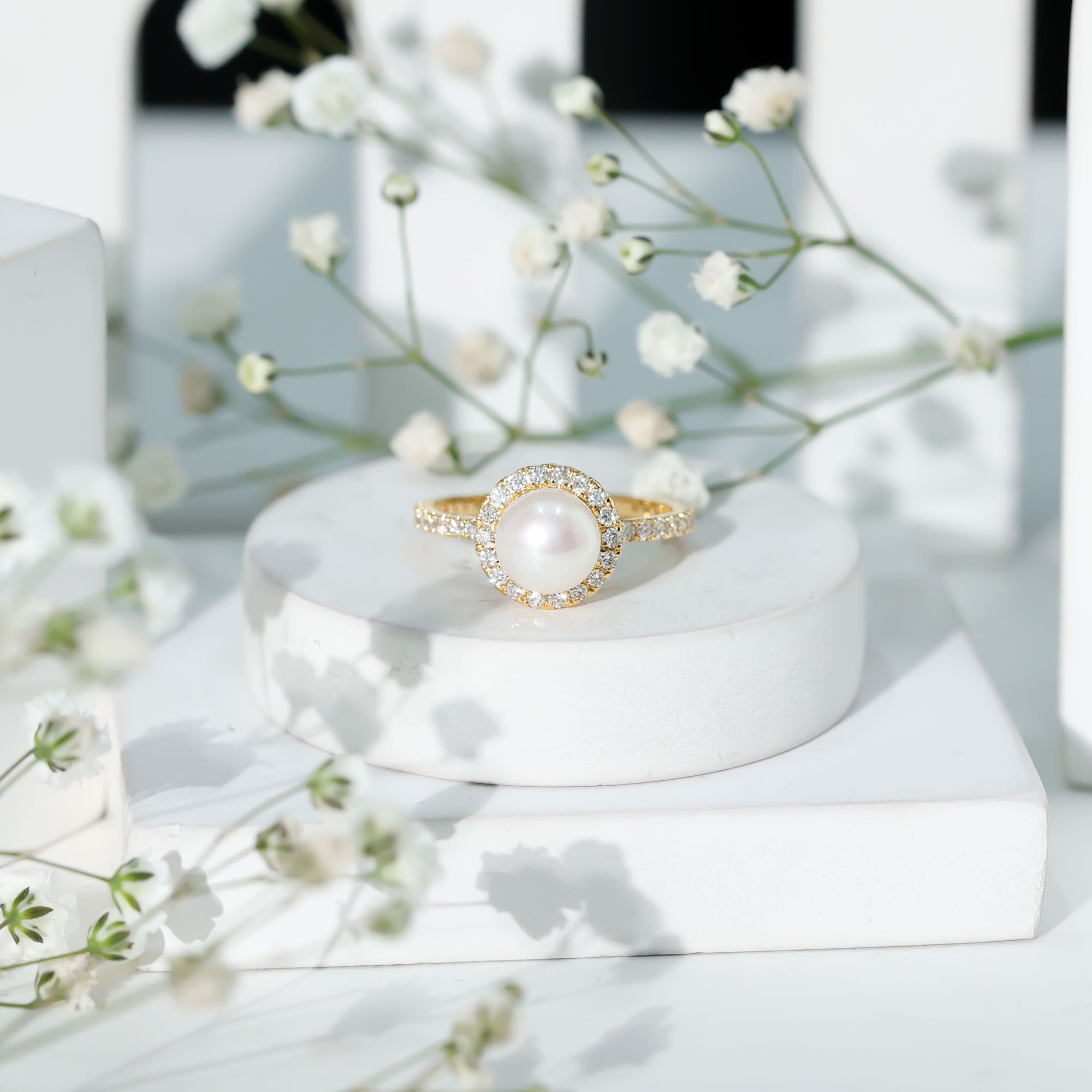 Rosec Jewels-Cultured 7.4 Carat Freshwater Pearl Diamond Engagement Ring with Halo