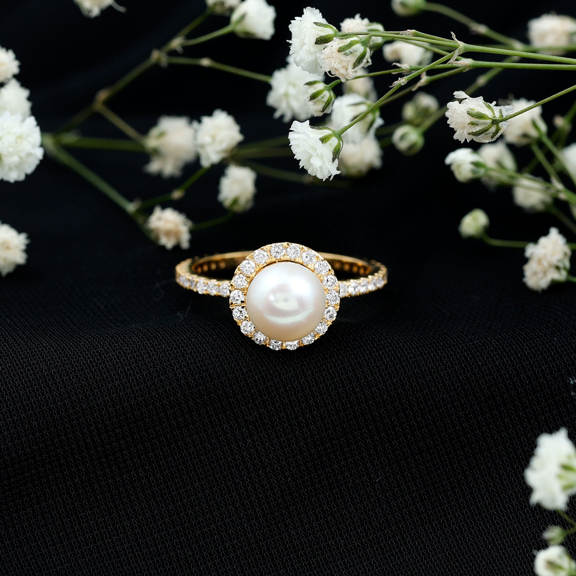 Rosec Jewels-Cultured 7.4 Carat Freshwater Pearl Diamond Engagement Ring with Halo