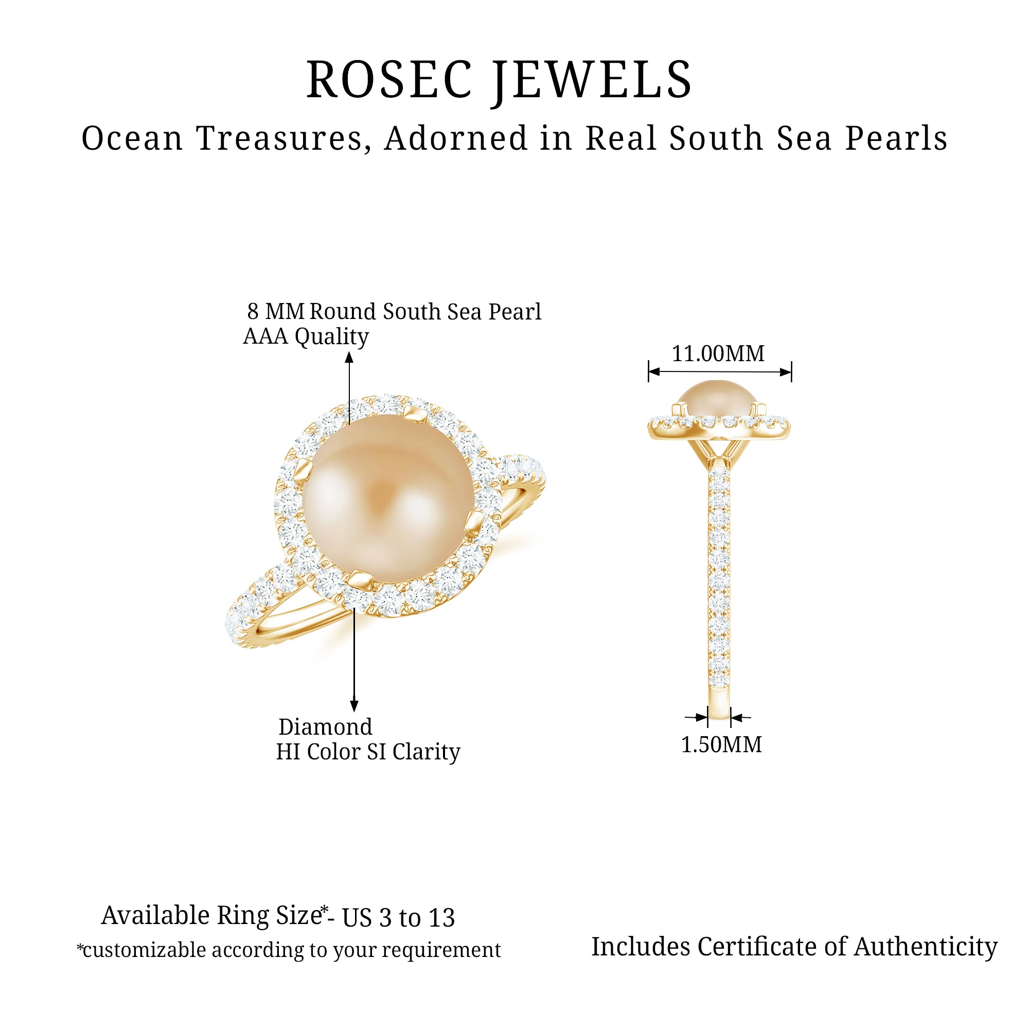 8 MM South Sea Pearl Engagement Ring with Diamond Floating Halo South Sea Pearl - ( AAA ) - Quality - Rosec Jewels