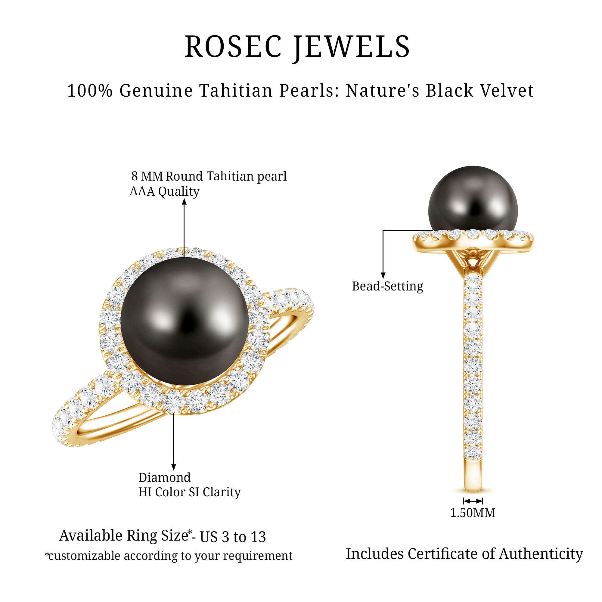 Rosec Jewels-Halo Engagement Ring with Tahitian Pearl and Diamond