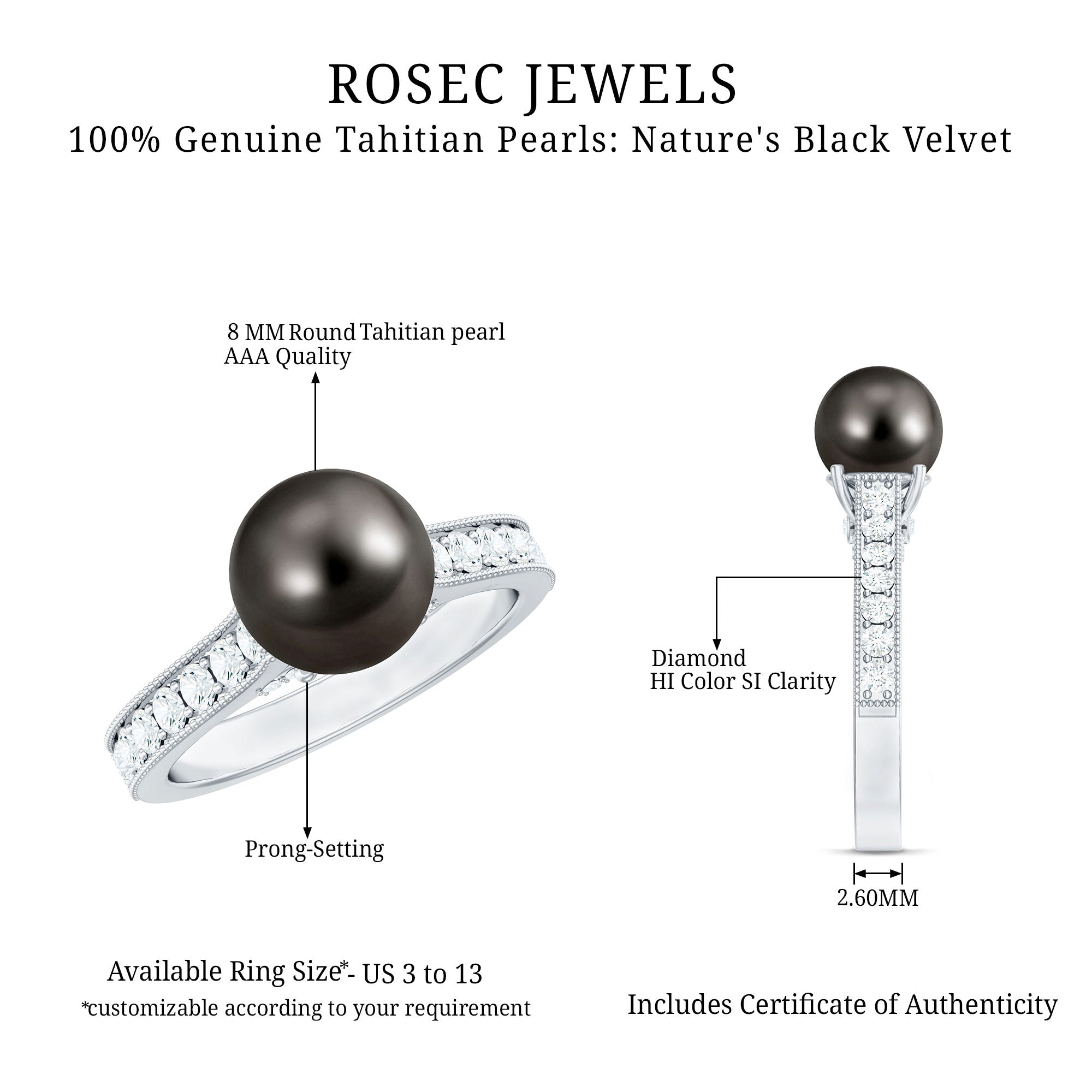 Rosec Jewels-Natural Tahitian Pearl Cathedral Engagement Ring with Diamond Side Stones