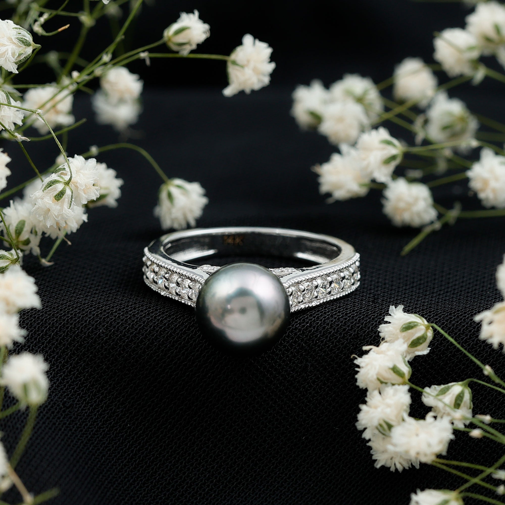 Rosec Jewels-Natural Tahitian Pearl Cathedral Engagement Ring with Diamond Side Stones