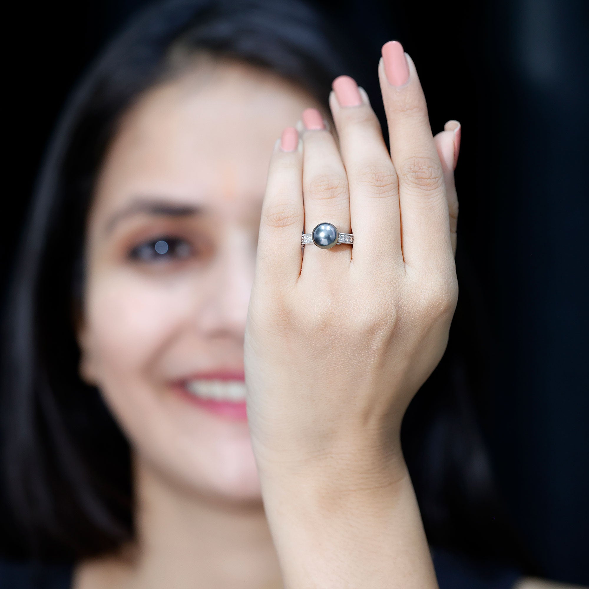 Rosec Jewels-Natural Tahitian Pearl Cathedral Engagement Ring with Diamond Side Stones