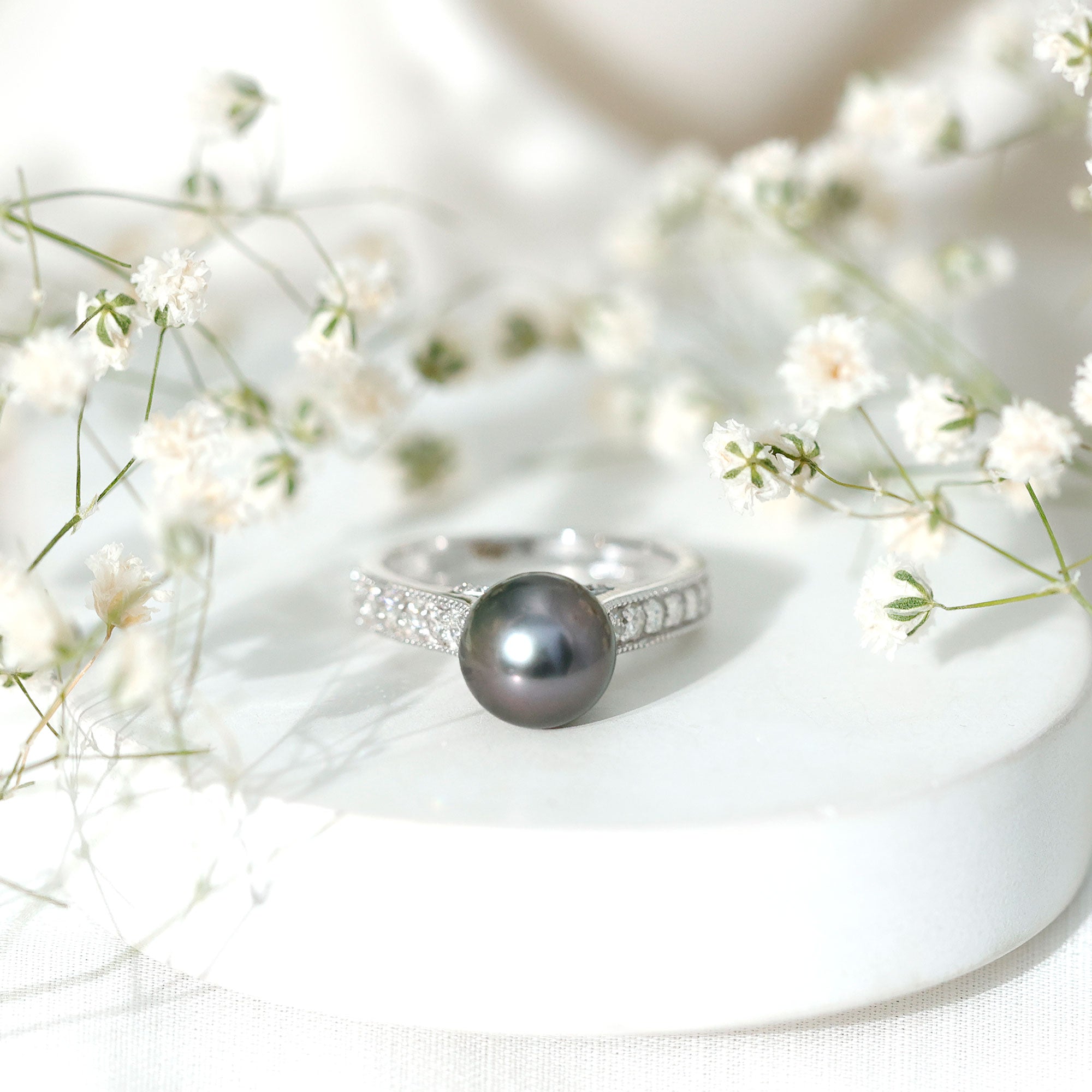Rosec Jewels-Natural Tahitian Pearl Cathedral Engagement Ring with Diamond Side Stones