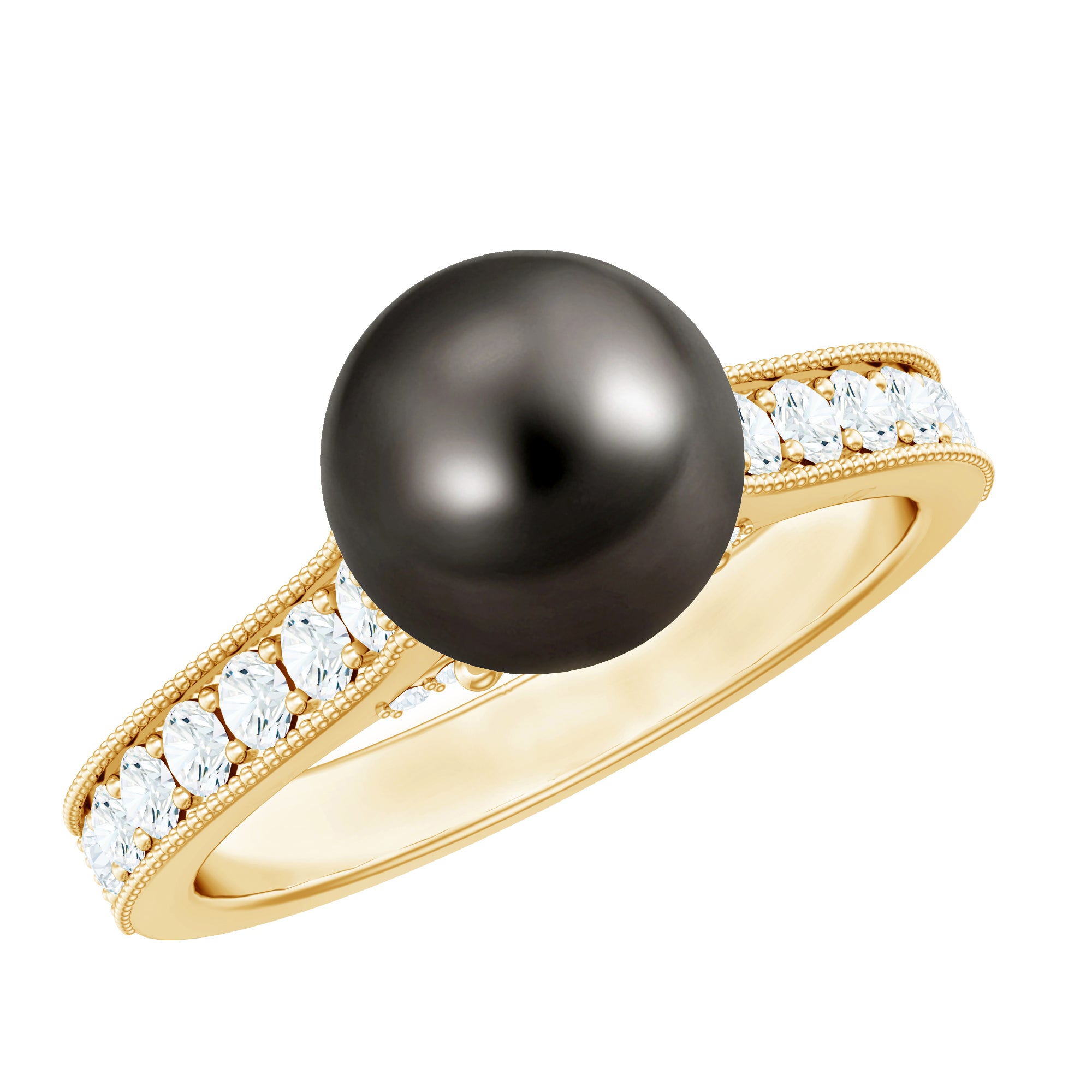 Rosec Jewels-Natural Tahitian Pearl Cathedral Engagement Ring with Diamond Side Stones