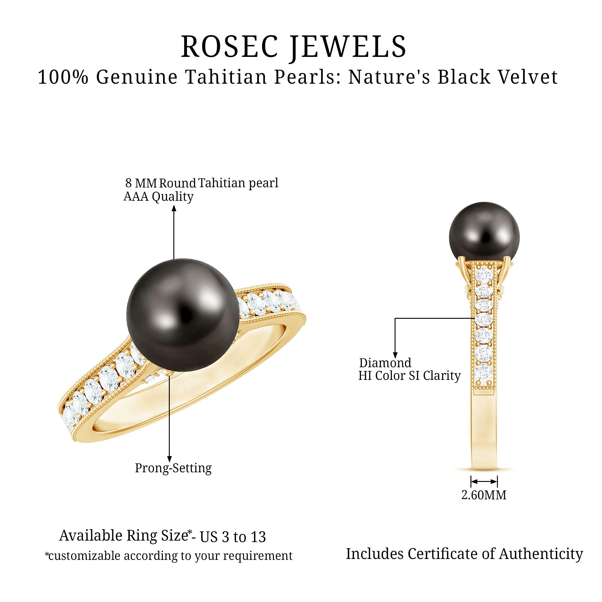 Rosec Jewels-Natural Tahitian Pearl Cathedral Engagement Ring with Diamond Side Stones