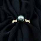 Round Tahitian Pearl Solitaire Ring with Diamond Side Stones Tahitian pearl - ( AAA ) - Quality - Rosec Jewels
