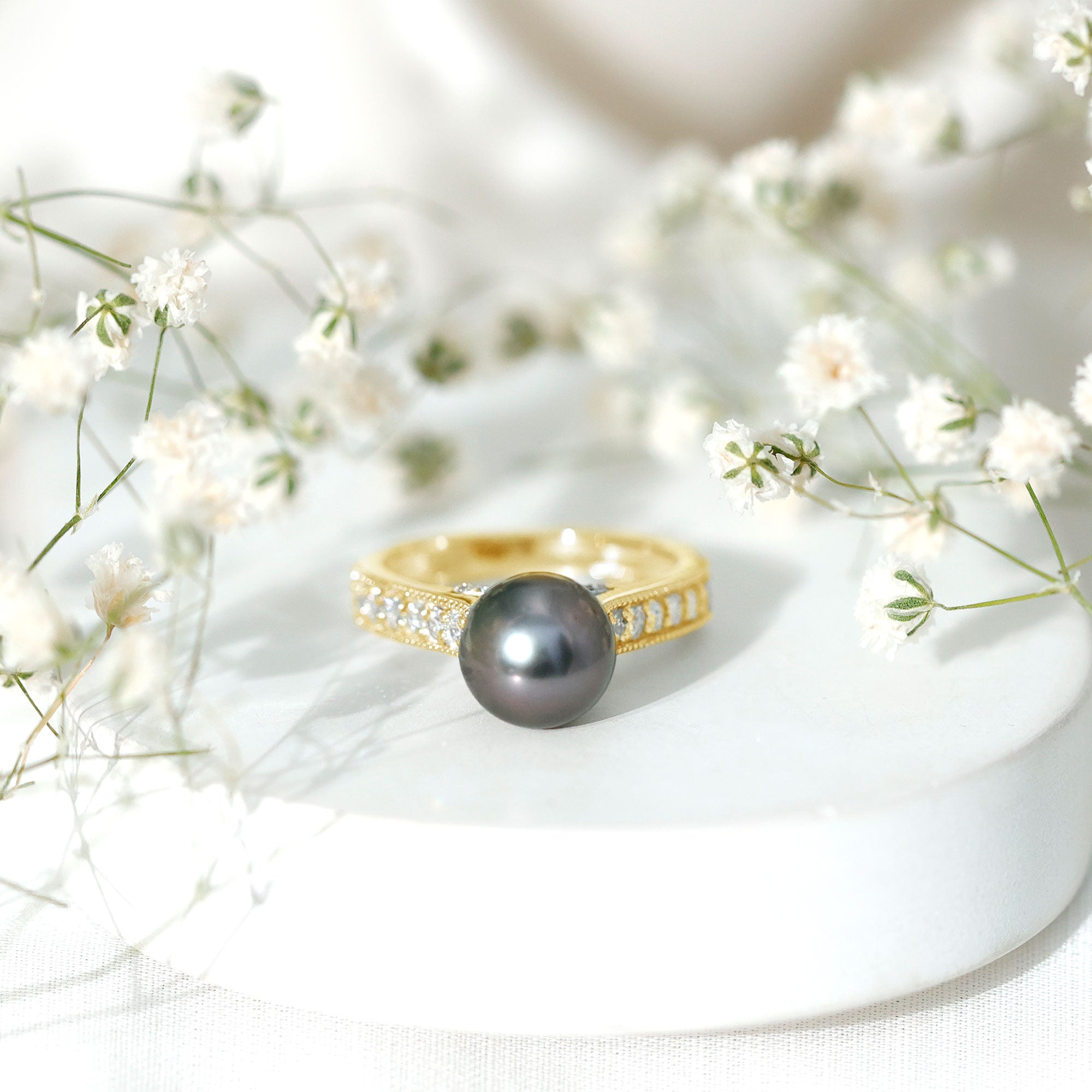 Rosec Jewels-Natural Tahitian Pearl Cathedral Engagement Ring with Diamond Side Stones